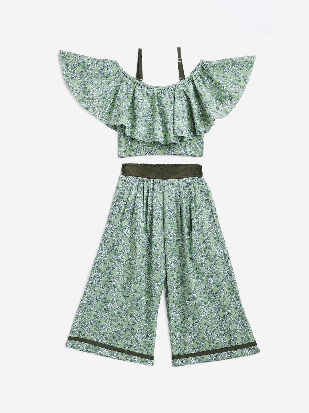 

KIDSCRAFT Girls Green Floral Print Two-Piece Jumpsuit