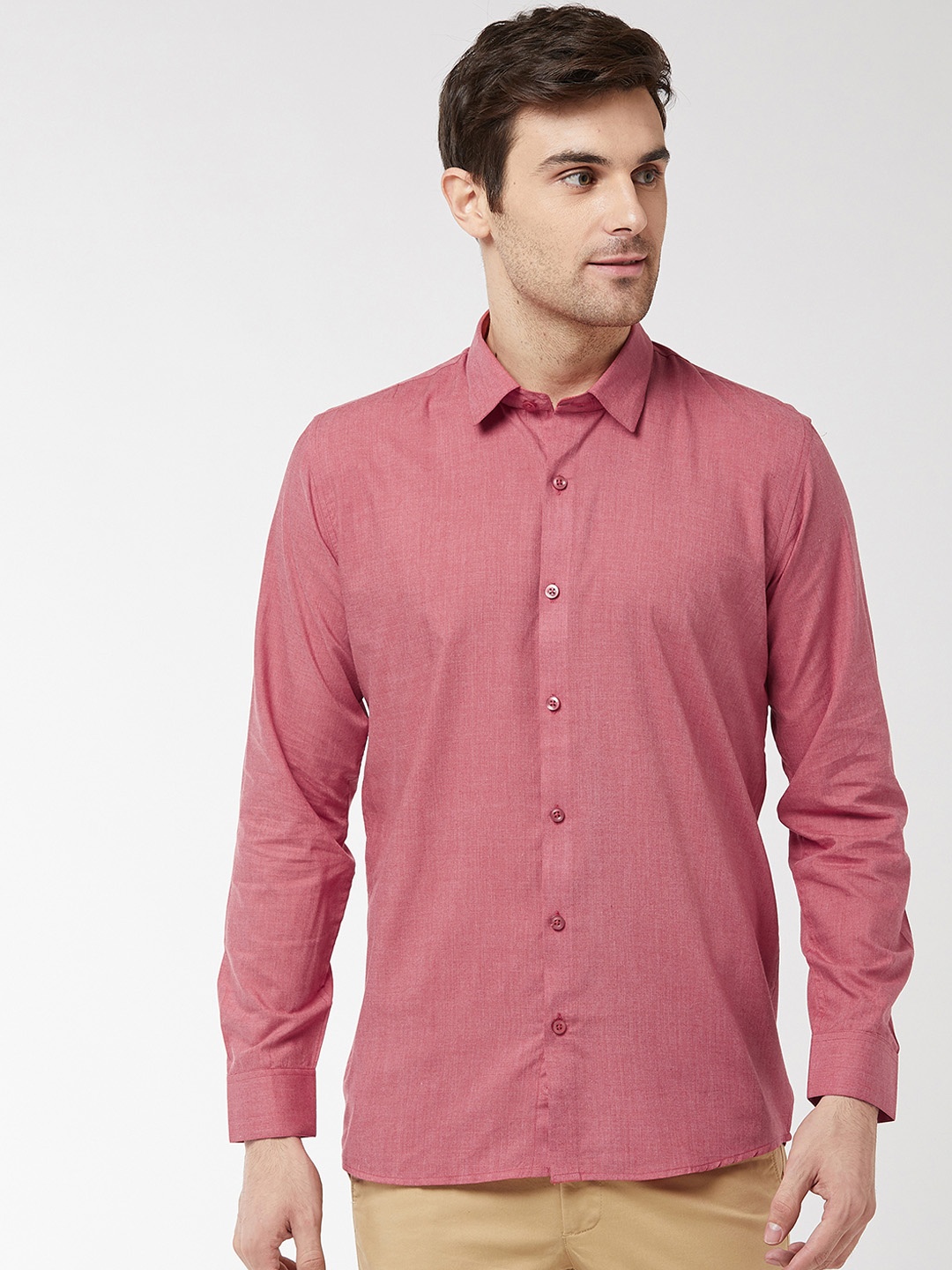 SOJANYA Men Coral Pink Regular Fit Solid Casual Shirt