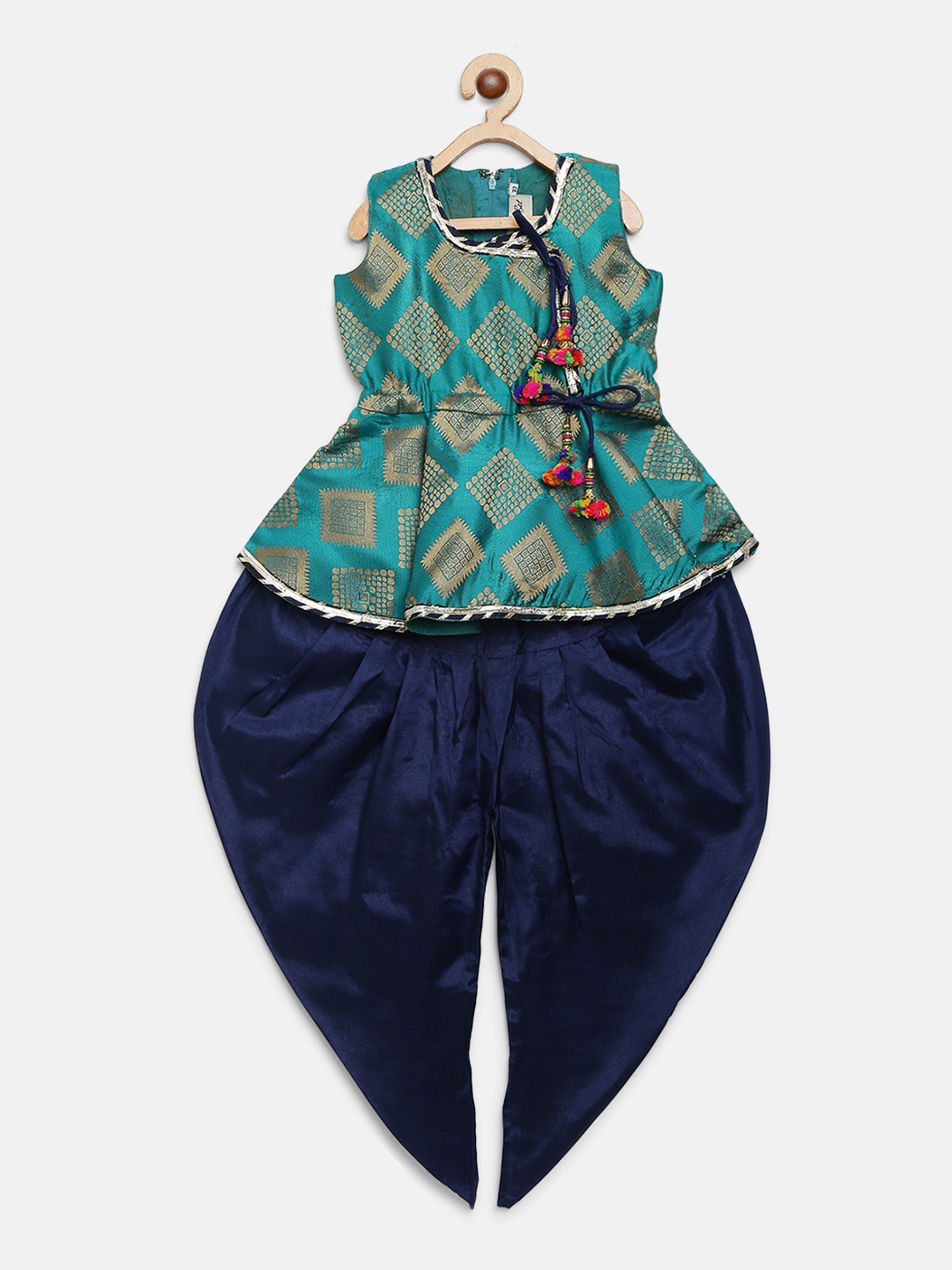 

BownBee Girls Teal Green & Navy Blue Jacquard Kurta with Dhoti Pants