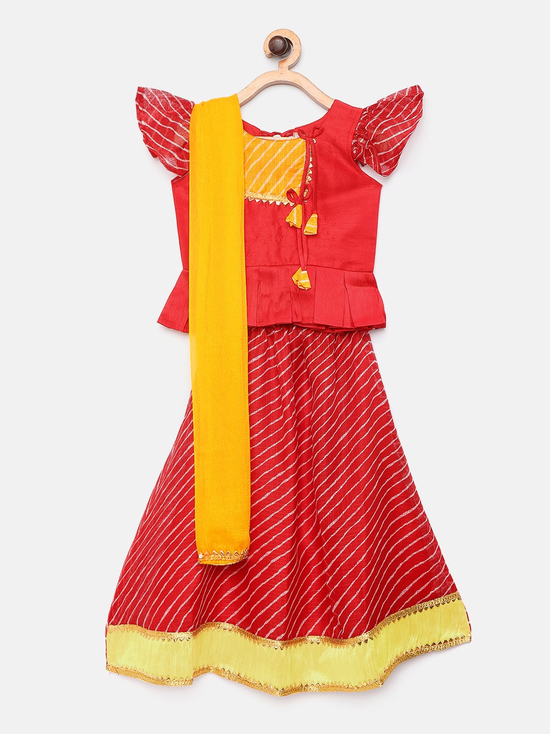 

BownBee Girls Red & White Striped Ready to Wear Lehenga & Blouse with Dupatta