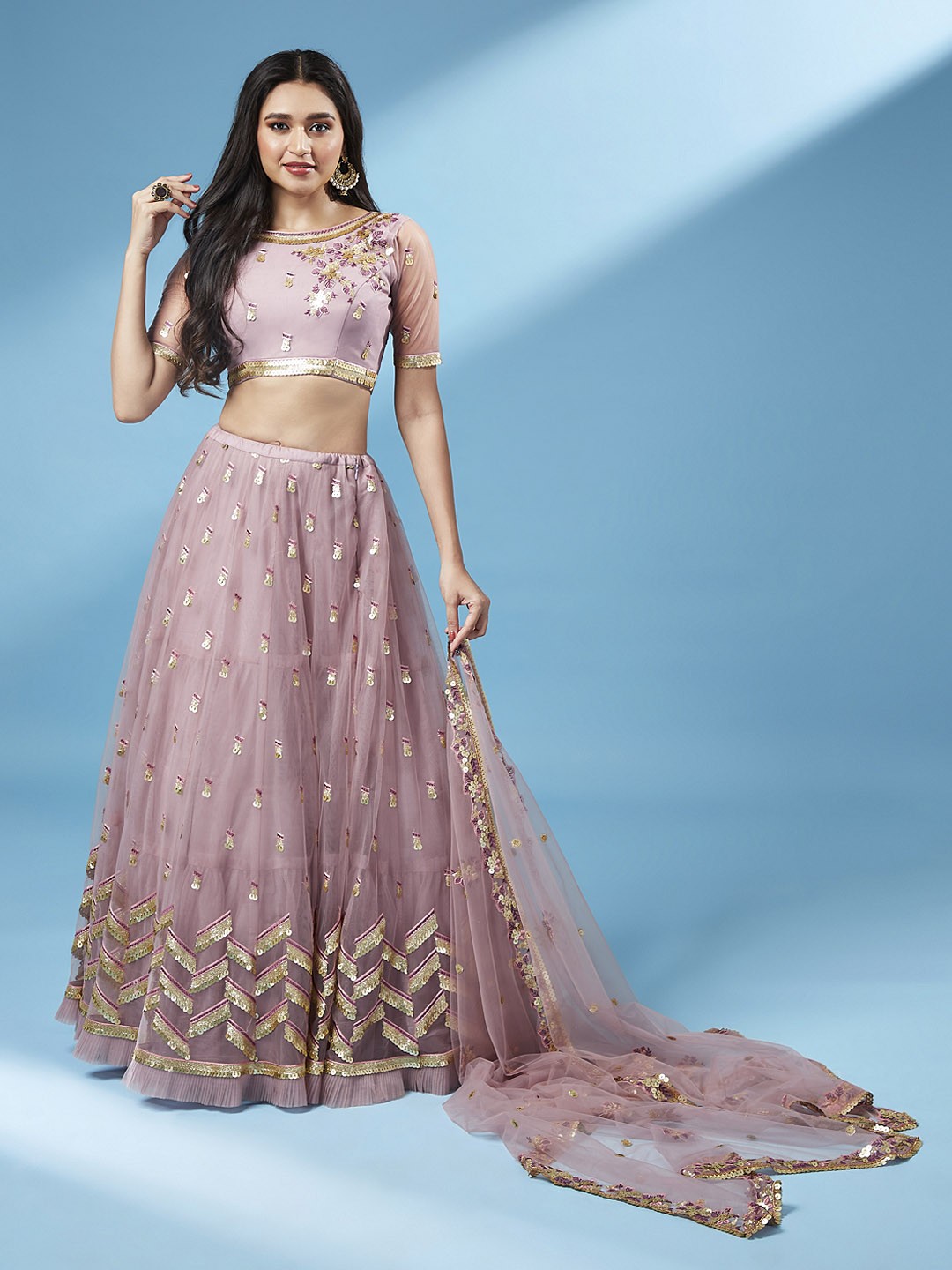 

panchhi Mauve Sequinned Semi-Stitched Lehenga & Unstitched Blouse with Dupatta