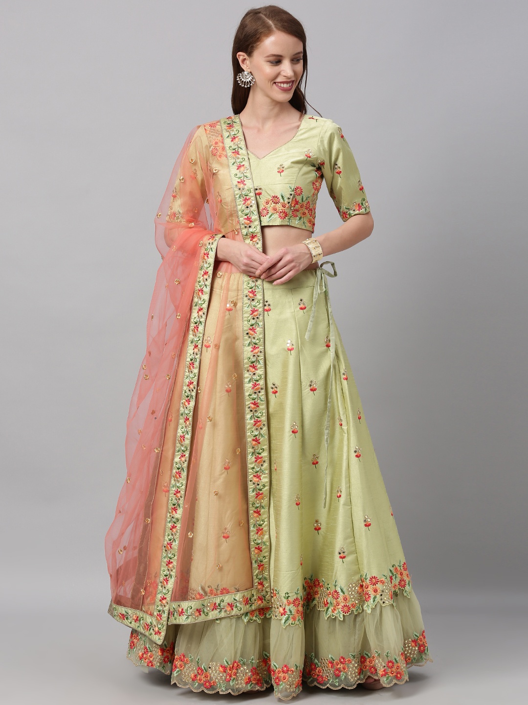 

panchhi Green & Green Embroidered Semi-Stitched Lehenga & Unstitched Blouse with Dupatta