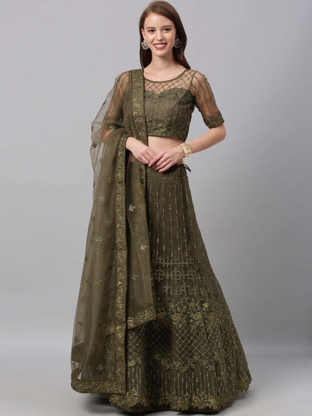 

panchhi Olive Green Embellished Semi-Stitched Lehenga & Unstitched Blouse with Dupatta