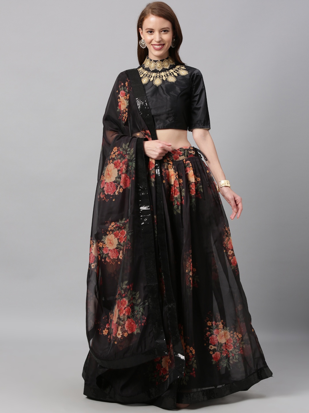 

panchhi Black Semi-Stitched Lehenga & Blouse with Dupatta