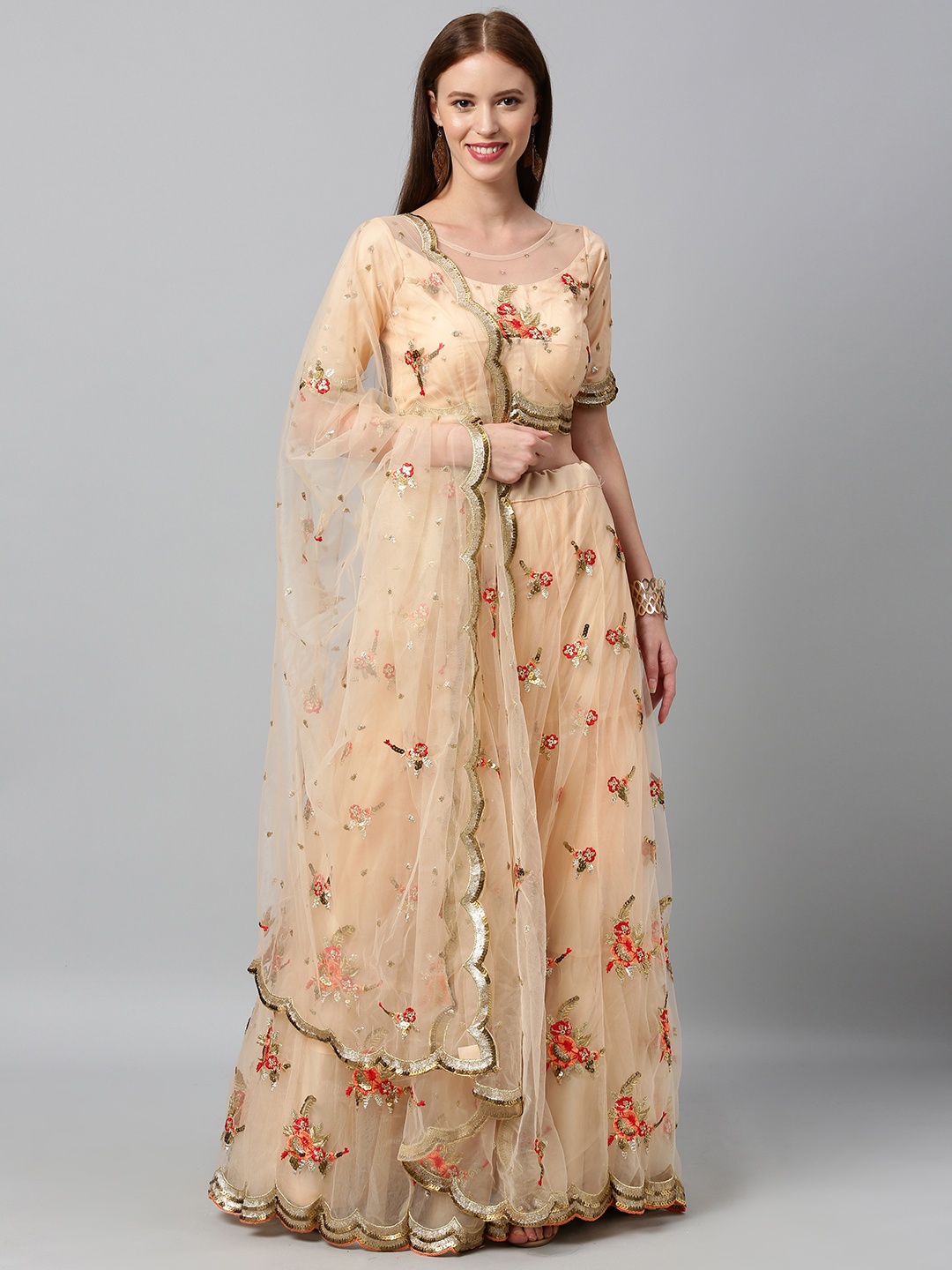 

panchhi Peach-Coloured Embroidered Semi-Stitched Lehenga & Unstitched Blouse with Dupatta