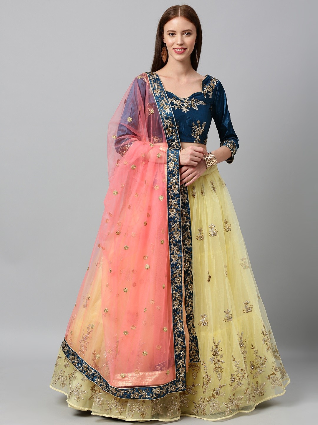 

panchhi Yellow & Navy Blue Embroidered Semi-Stitched Lehenga & Unstitched Blouse with Dupatta