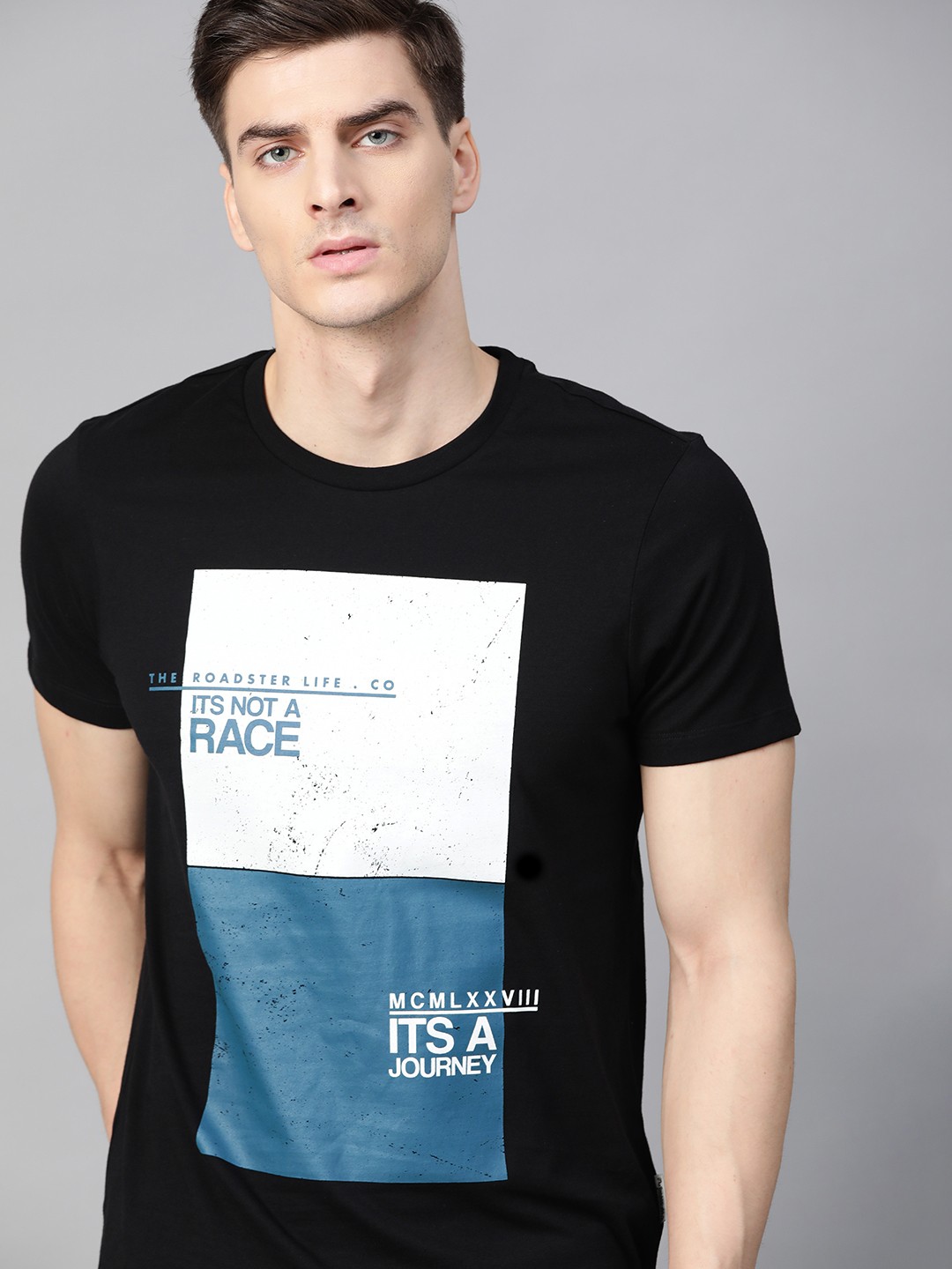 

Roadster Men Black White Printed Round Neck Pure Cotton T-shirt