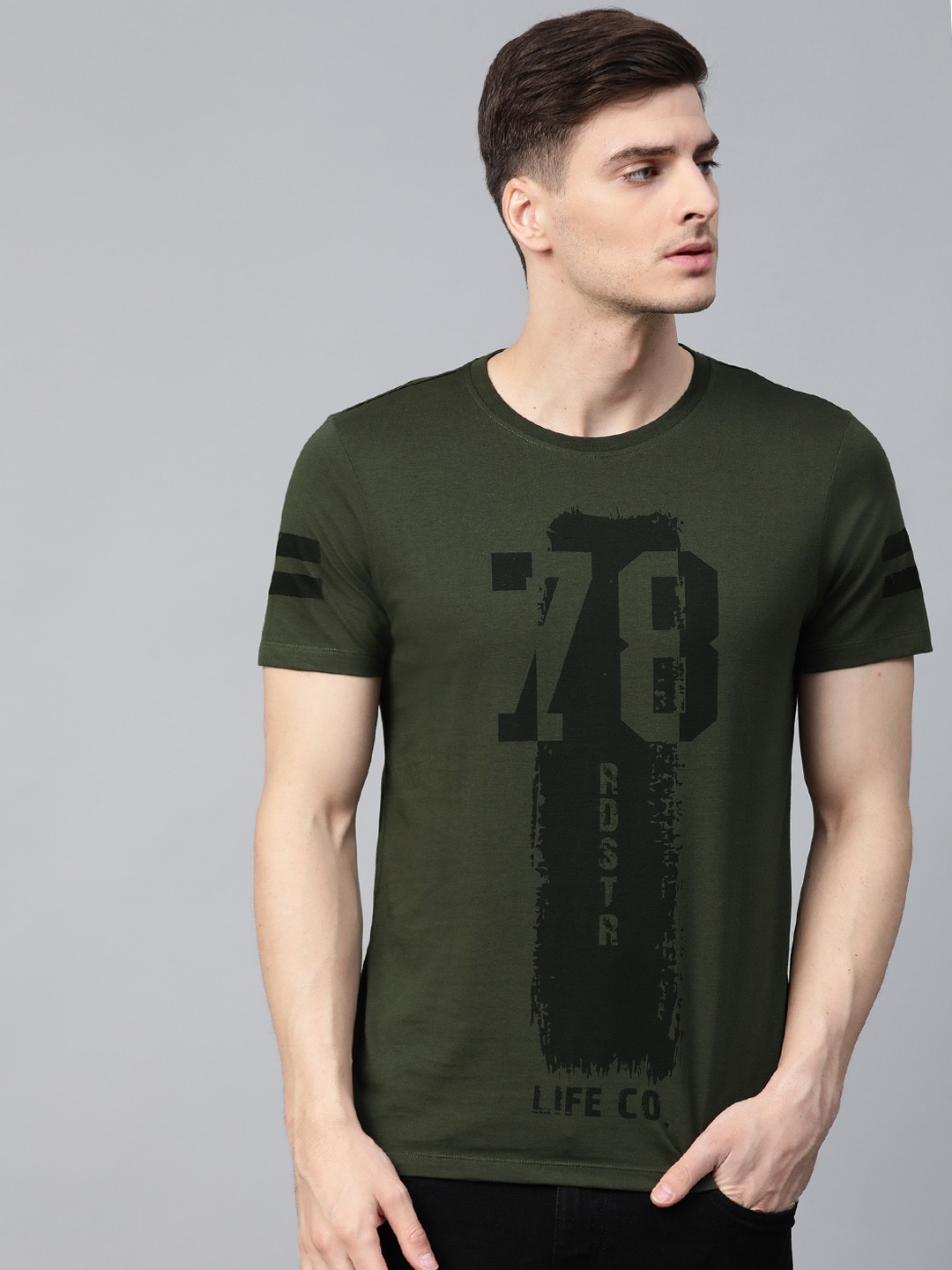 

Roadster Men Olive Green Printed Round Neck Pure Cotton T-shirt