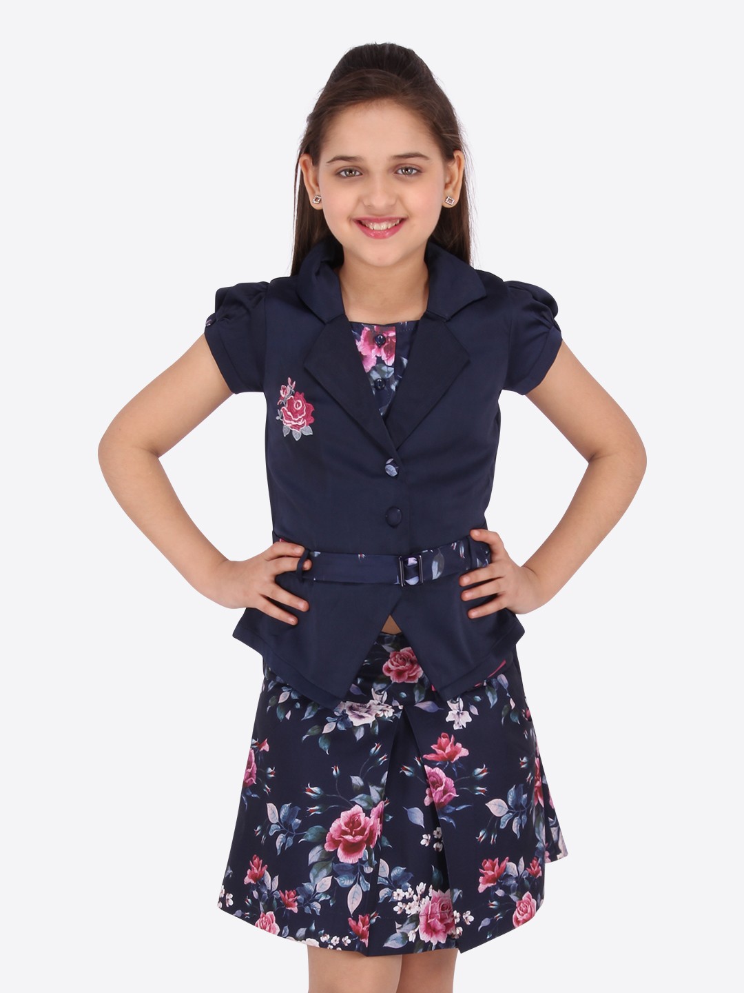 

CUTECUMBER Girls Navy Blue & Pink Solid Top with Skirt