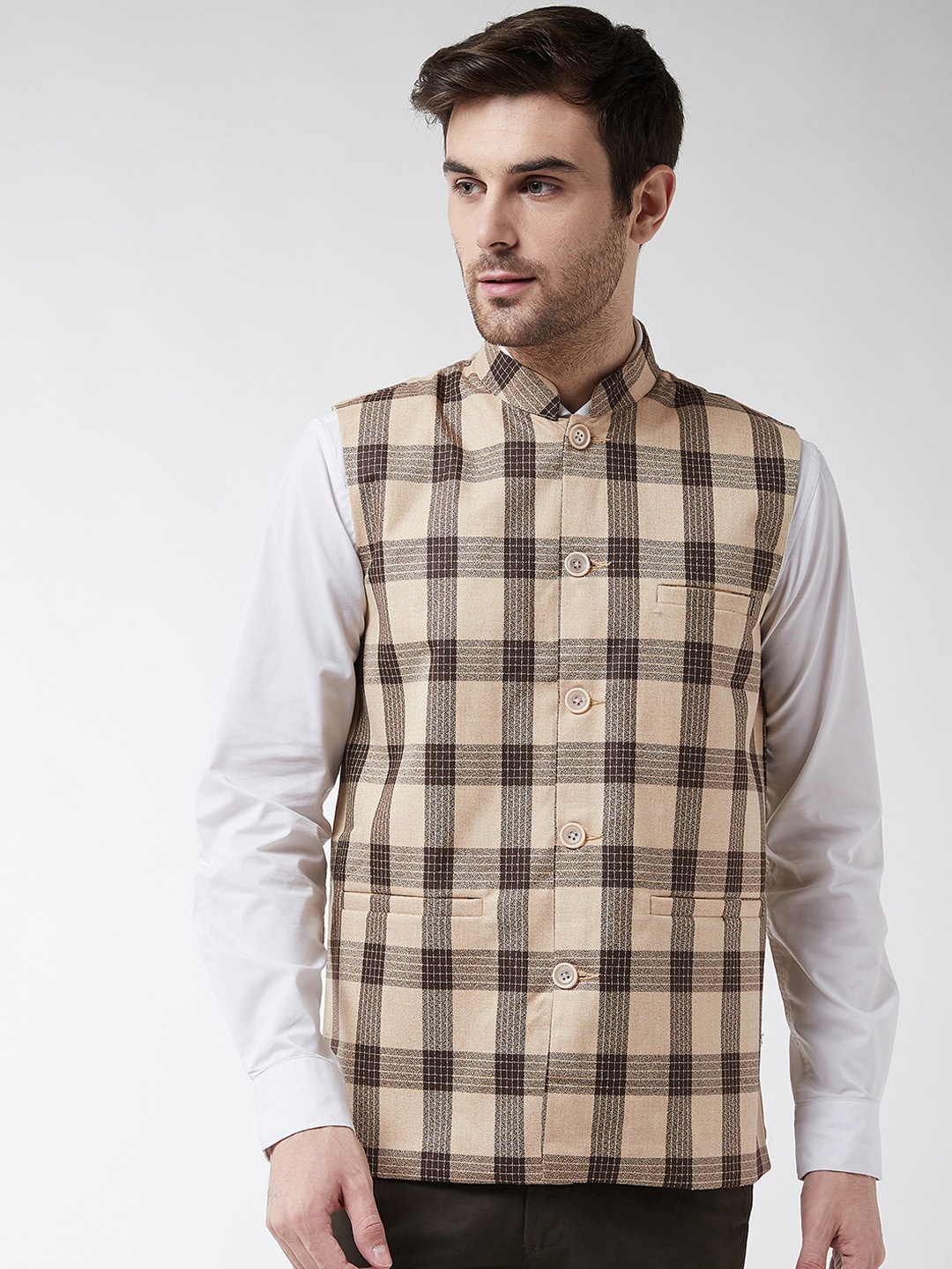 

SOJANYA Men Beige Checked Woven Nehru Jacket