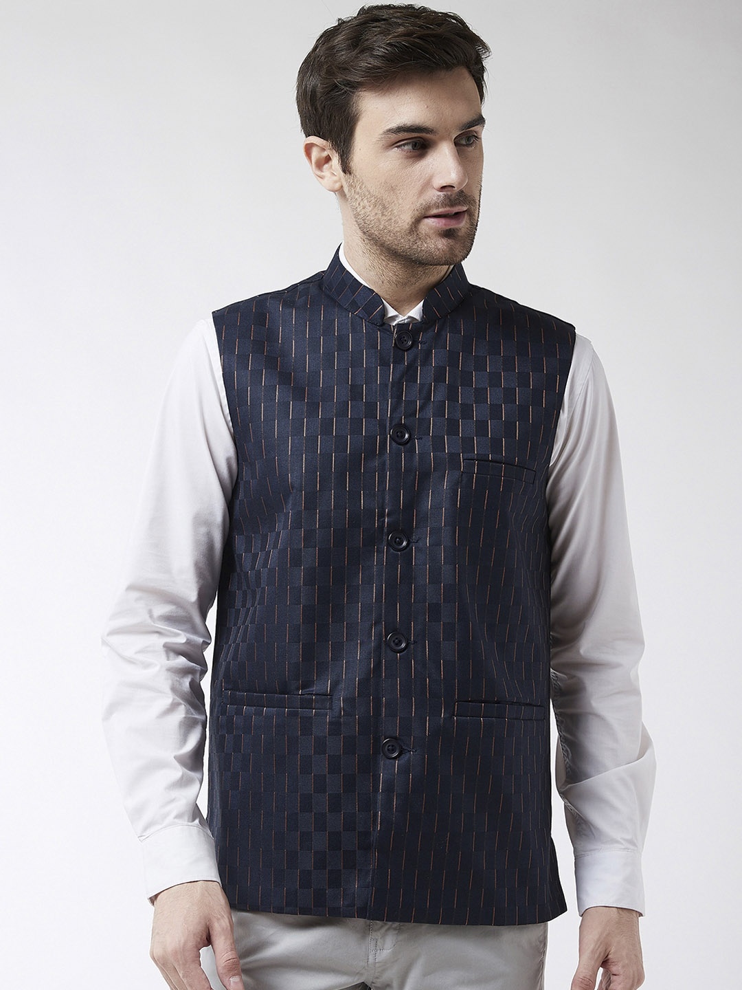

SOJANYA Men Navy Blue Checked Woven Nehru Jacket