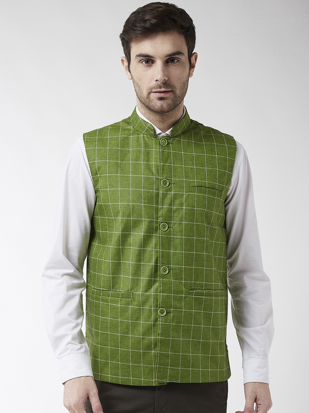 

SOJANYA Men Green & White Checked Woven Nehru Jacket