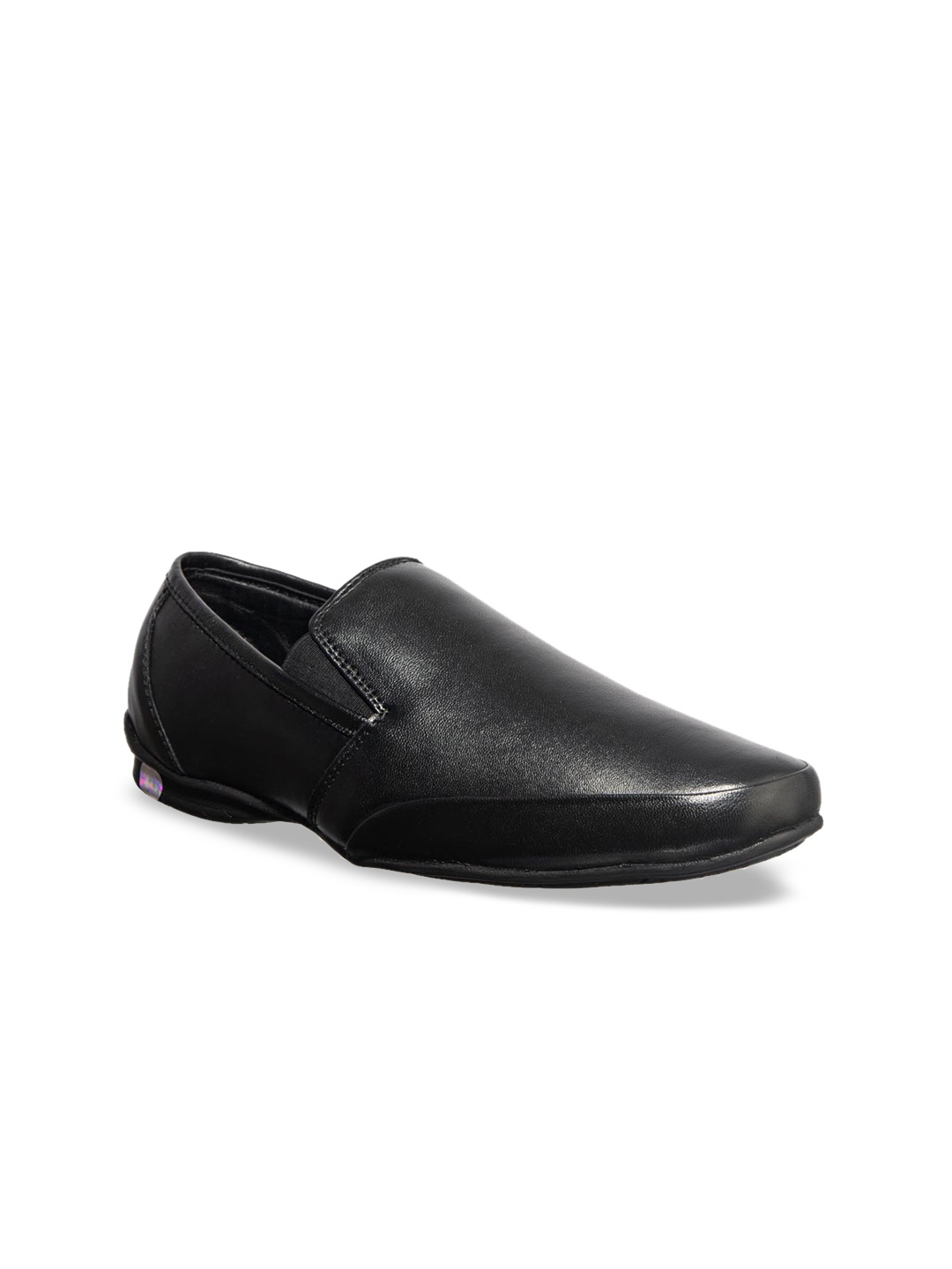 

Khadims Men Black Solid Leather British Walkers Formal Slip-Ons