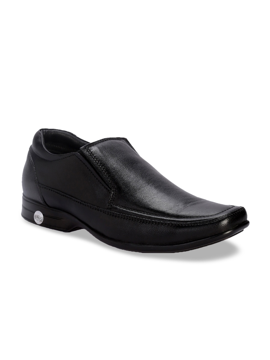 

Khadims Men Black Solid Leather British Walkers Formal Slip-Ons