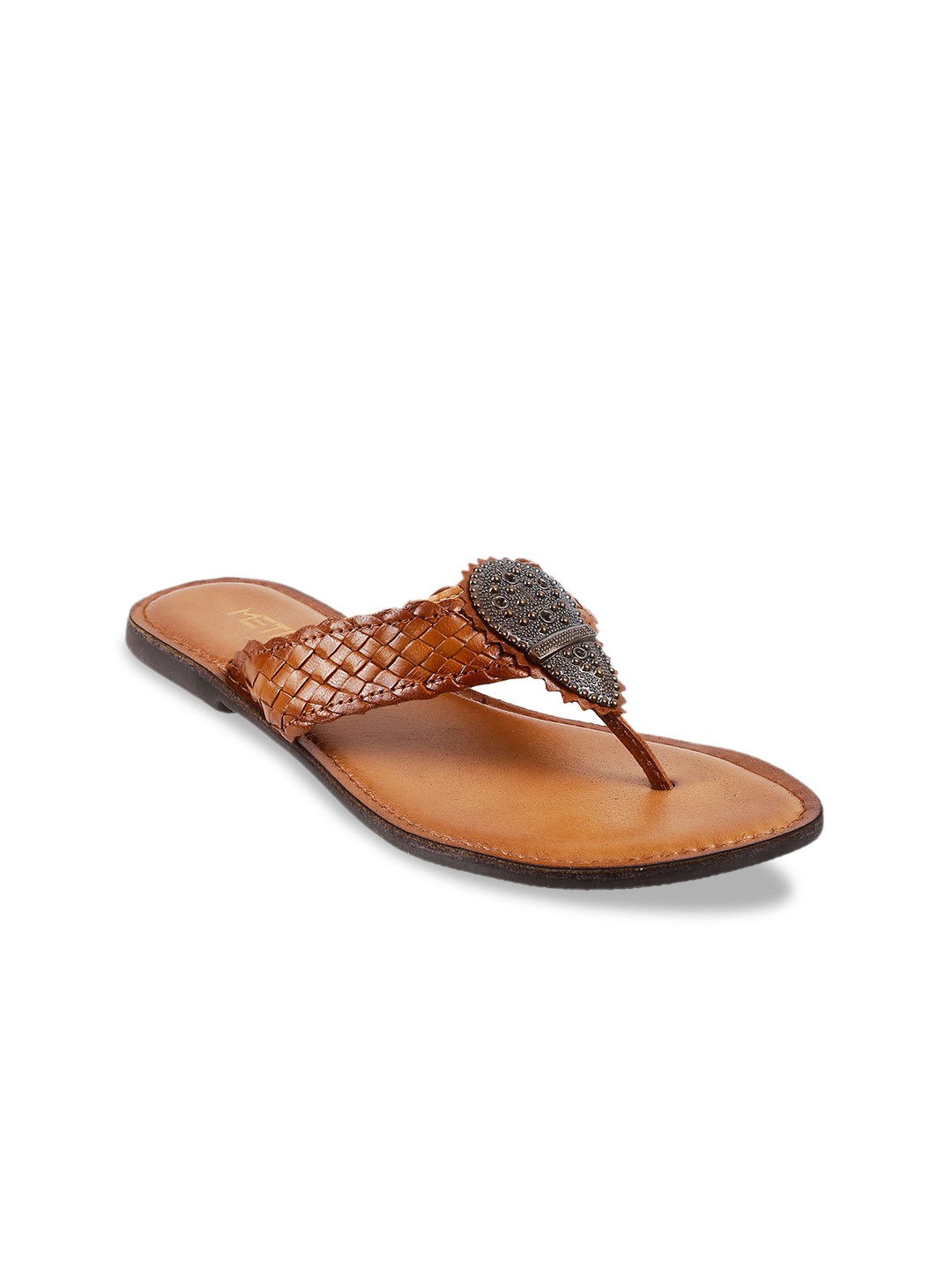 

Metro Women Brown Woven Design T-Strap Flats