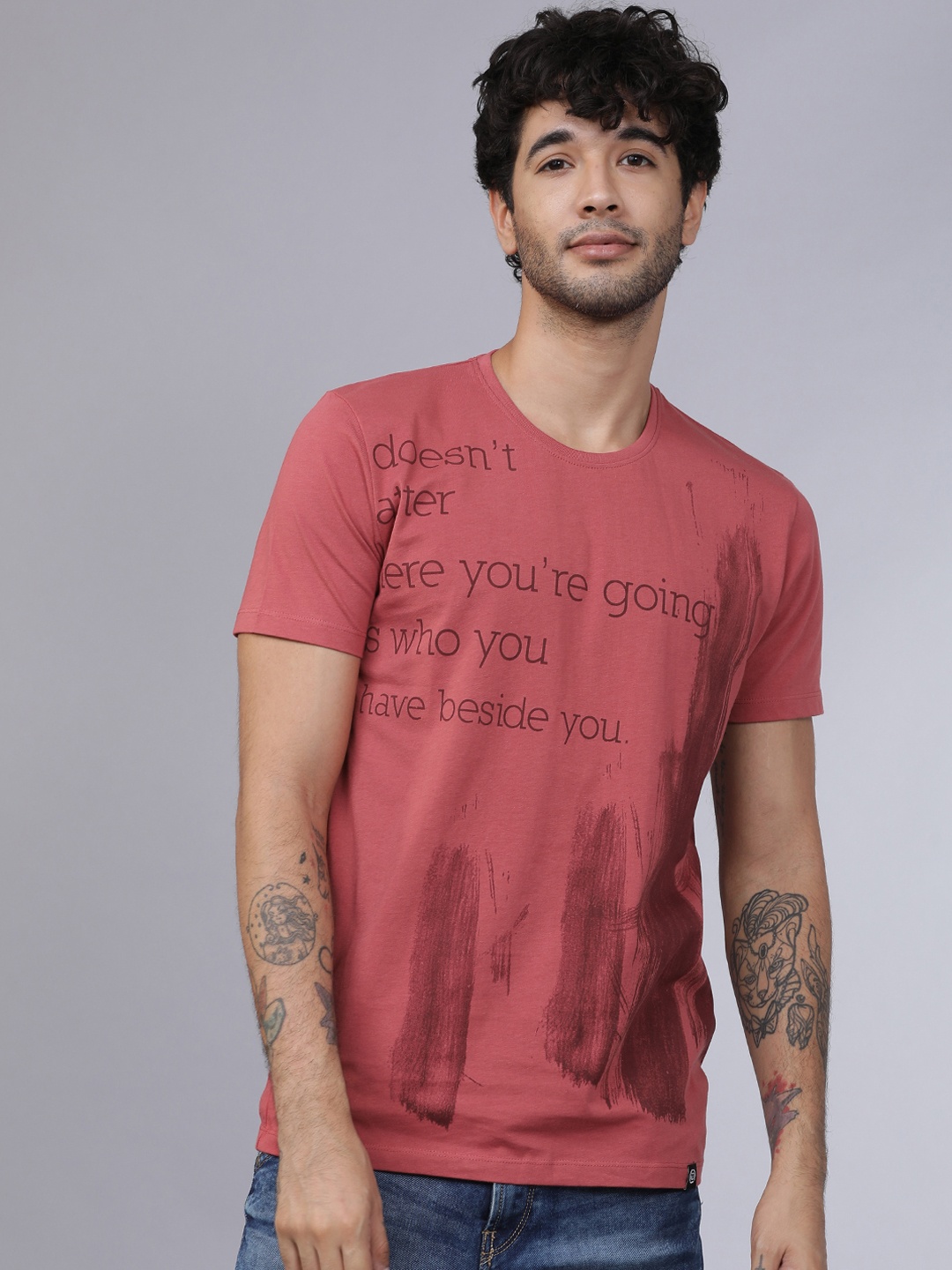 

LOCOMOTIVE Men Rust Red Printed Round Neck T-shirt