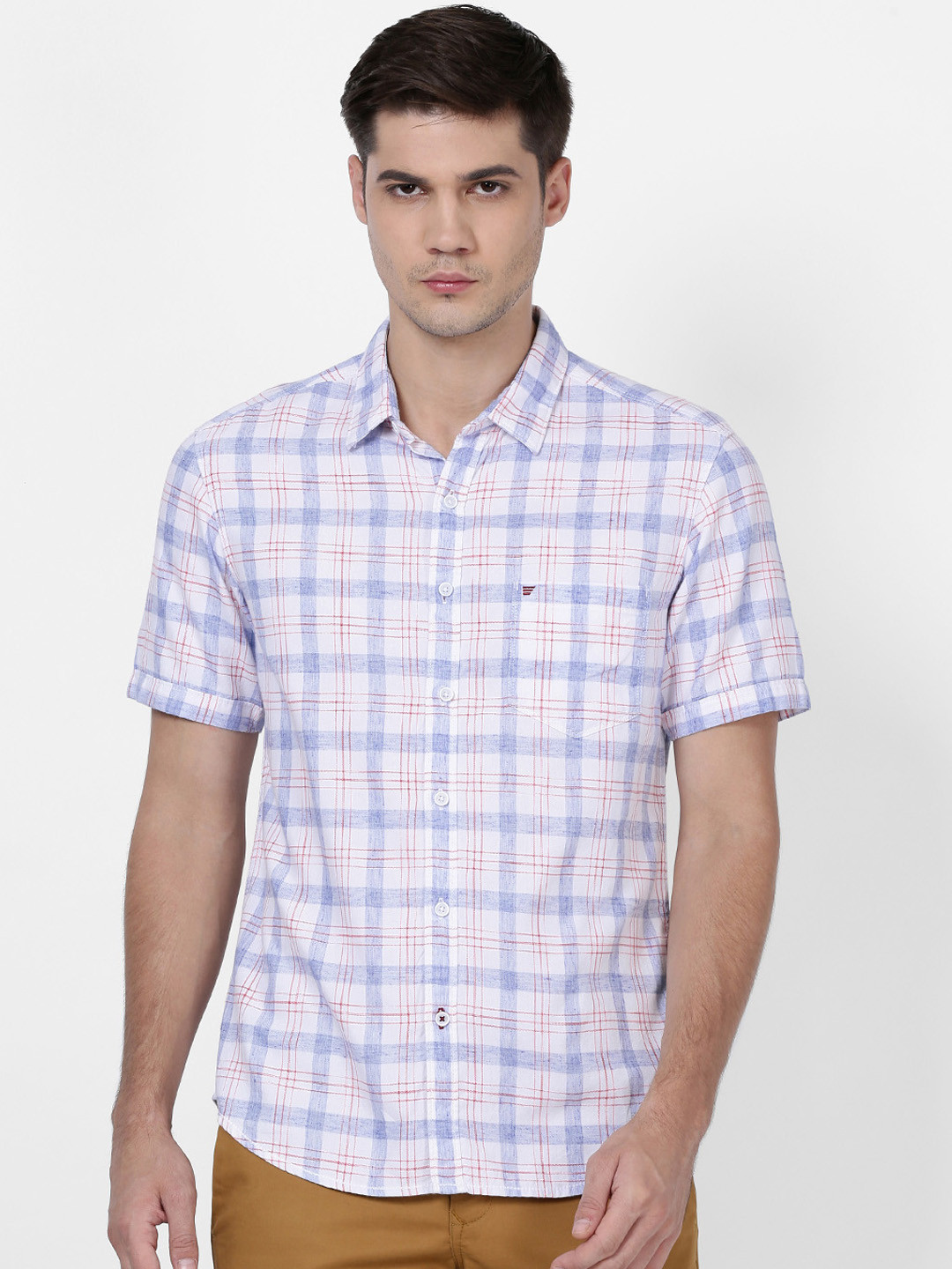 

t-base Men White & Blue Regular Fit Checked Casual Shirt