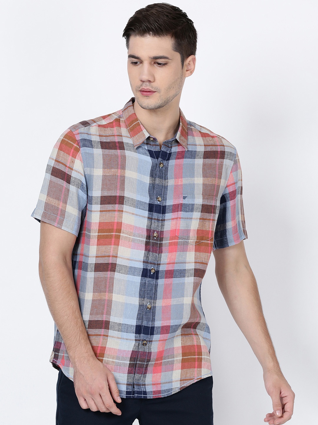 

t-base Men Blue & Orange Regular Fit Checked Linen Casual Shirt