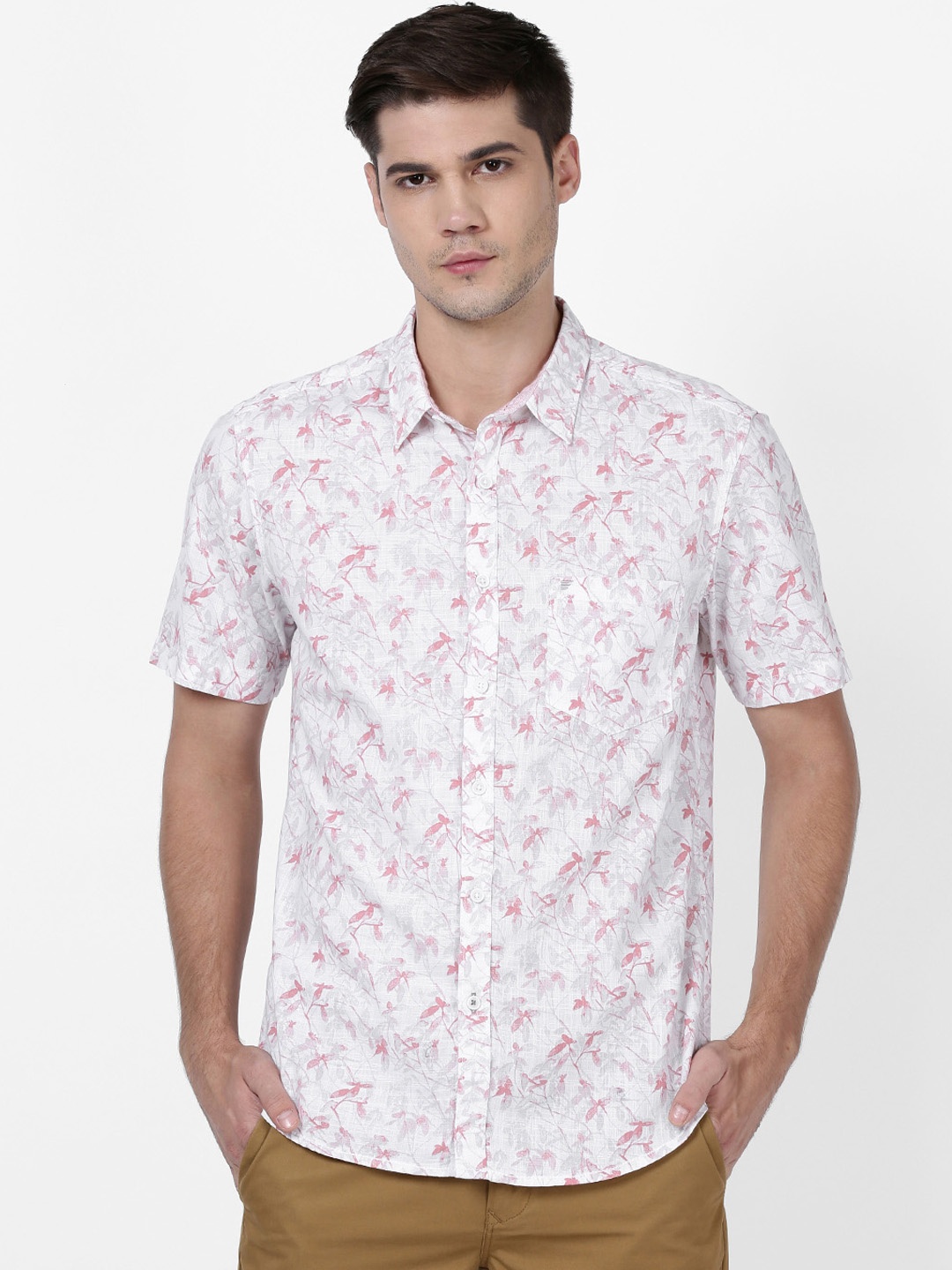 

t-base Men White & Pink Regular Fit Printed Casual Shirt