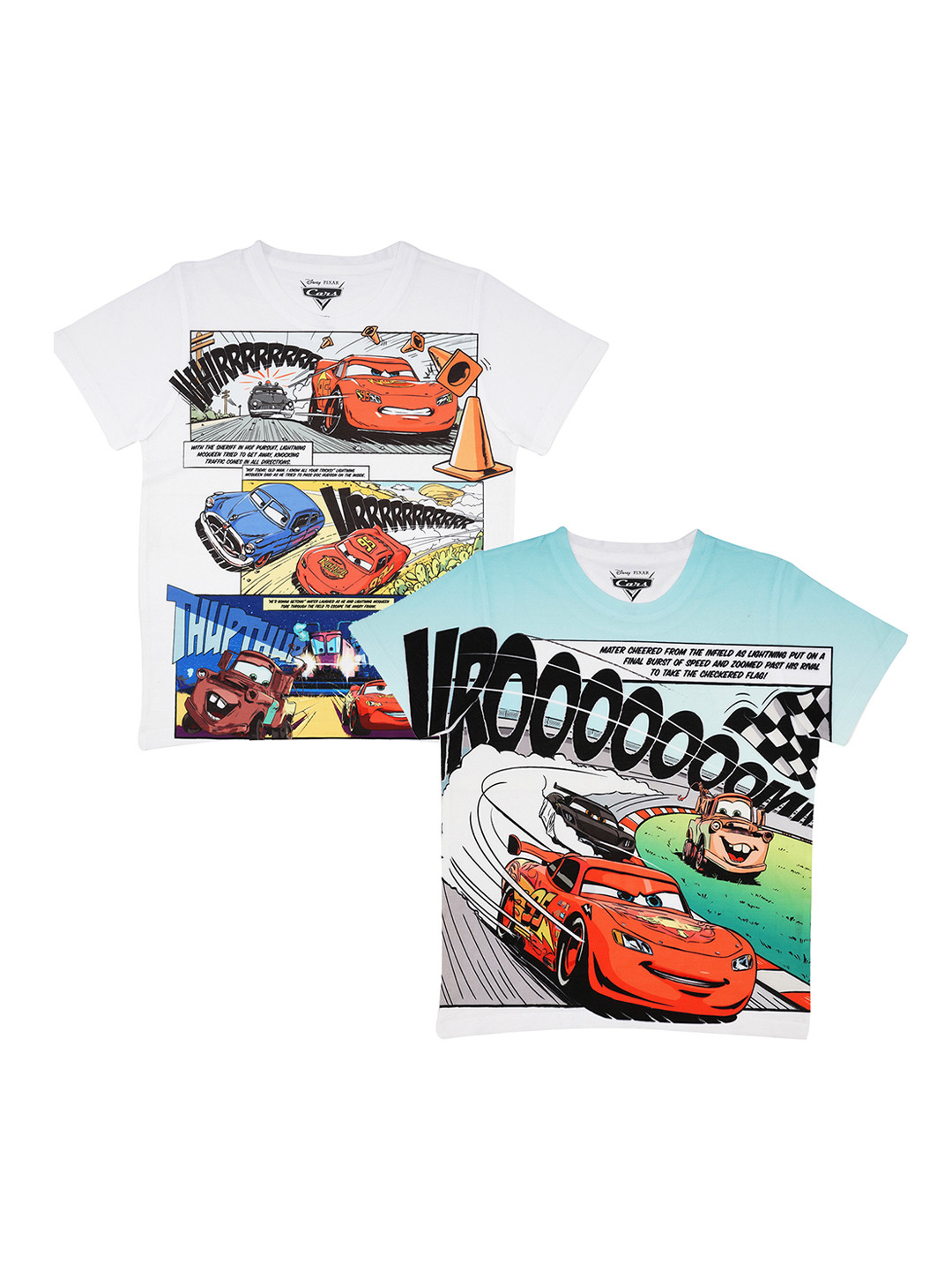 

YK Disney Boys Pack of 2 Cars Printed Round Neck T-shirts, White