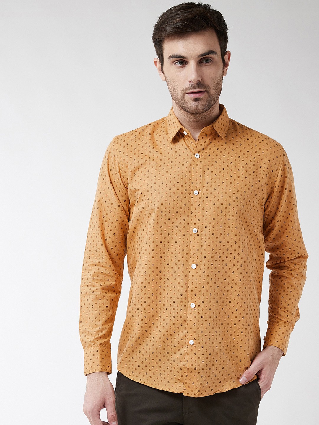 

SOJANYA Men Mustard Yellow & Brown Regular Fit Floral Printed Casual Shirt