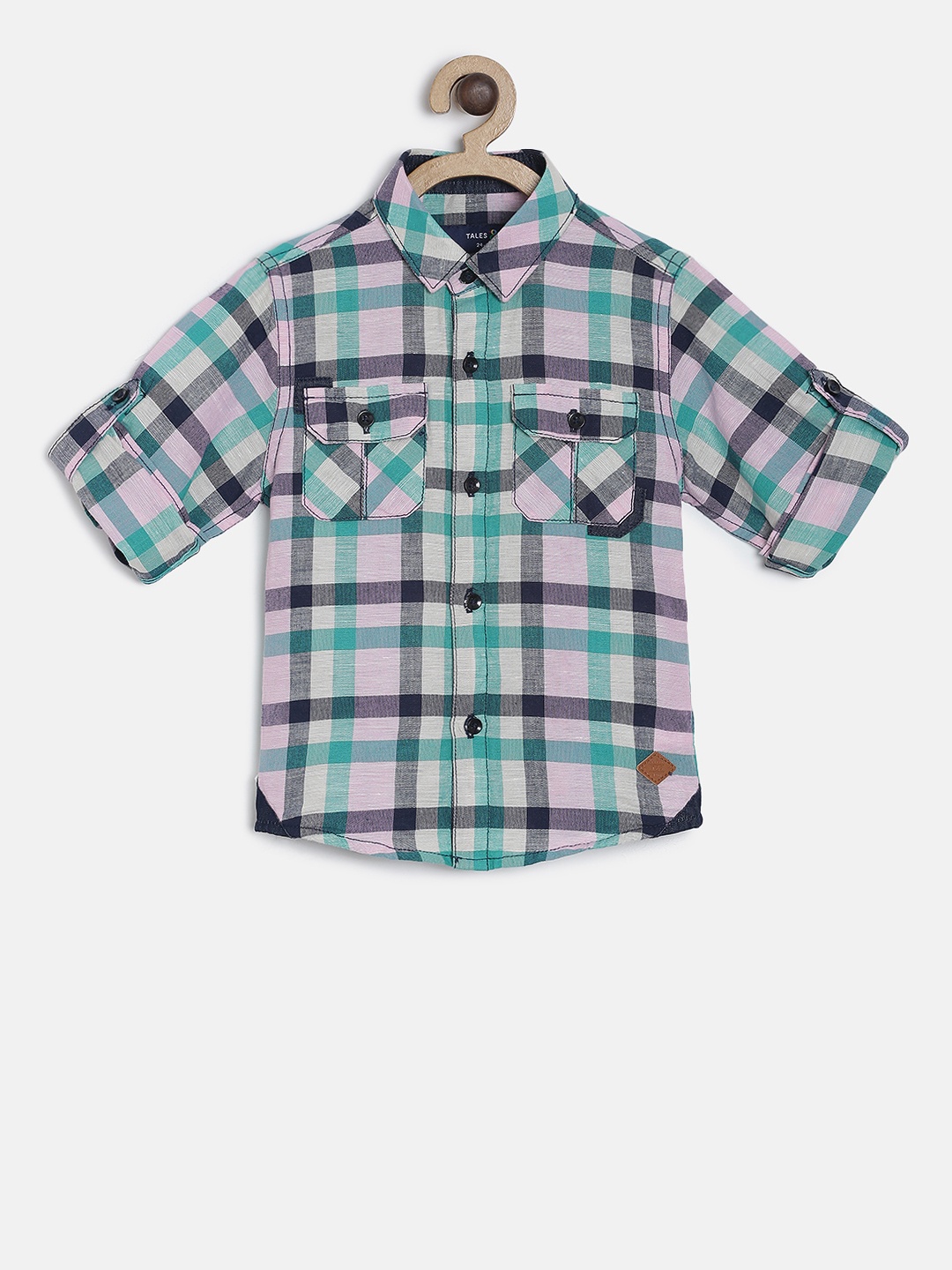 

TALES & STORIES Boys Green & Pink Regular Fit Checked Casual Shirt