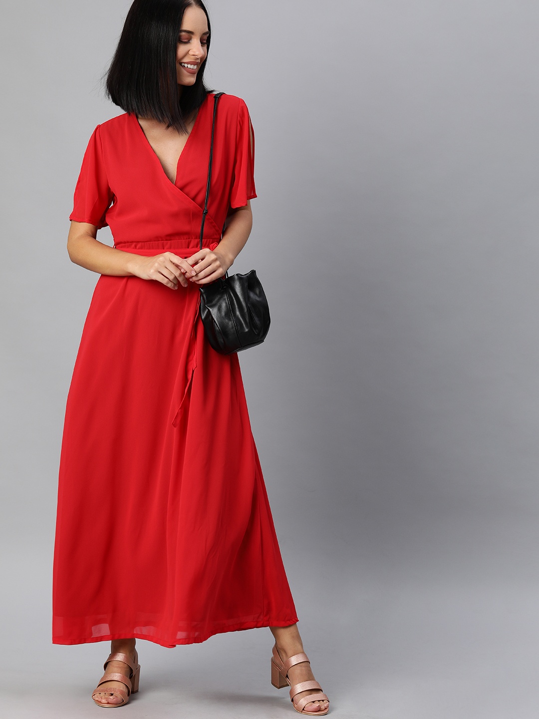 

HERE&NOW Women Red Solid Maxi Wrap Dress