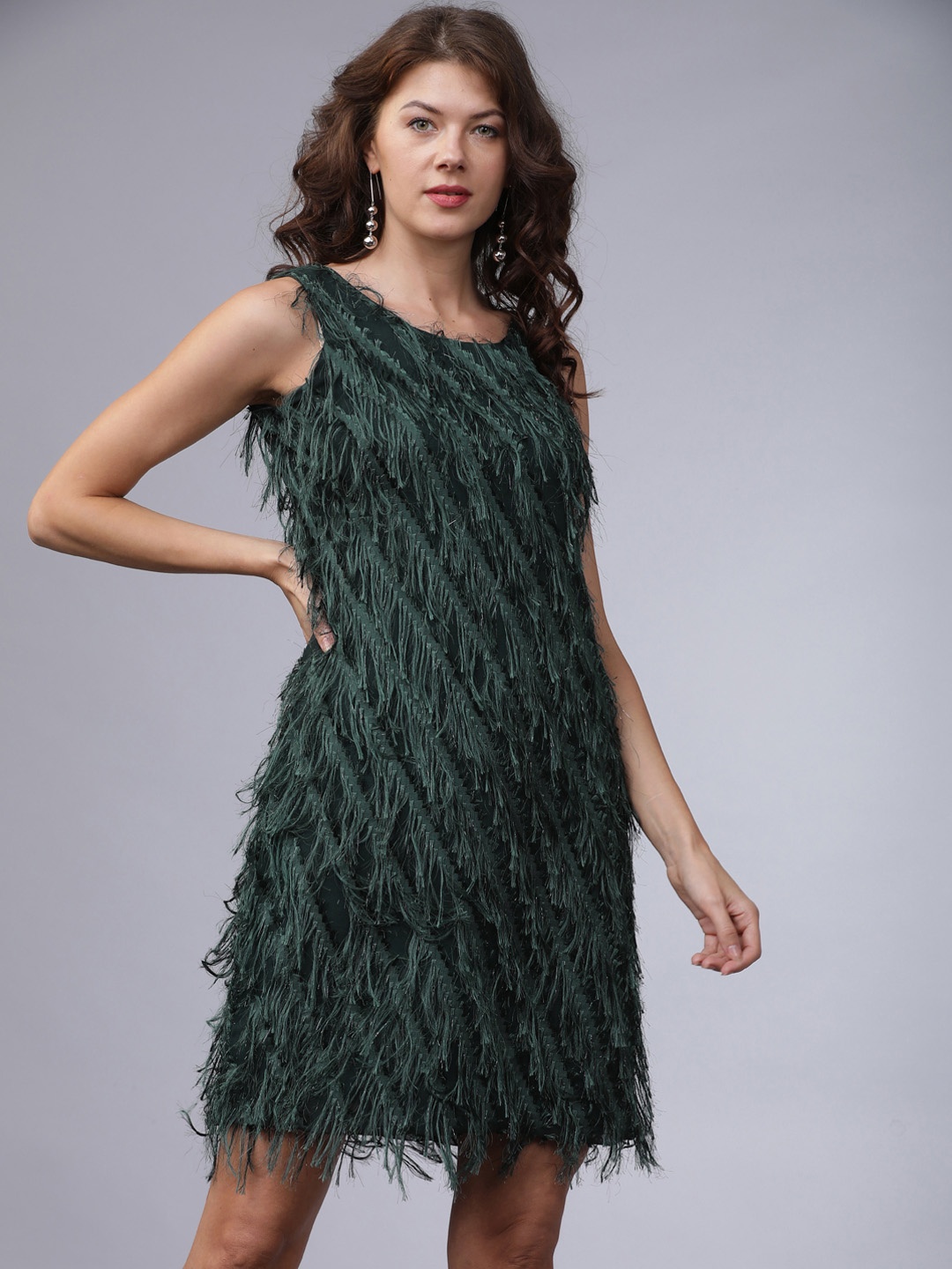 

Tokyo Talkies Women Green Self Design Fringed Sheath Dress