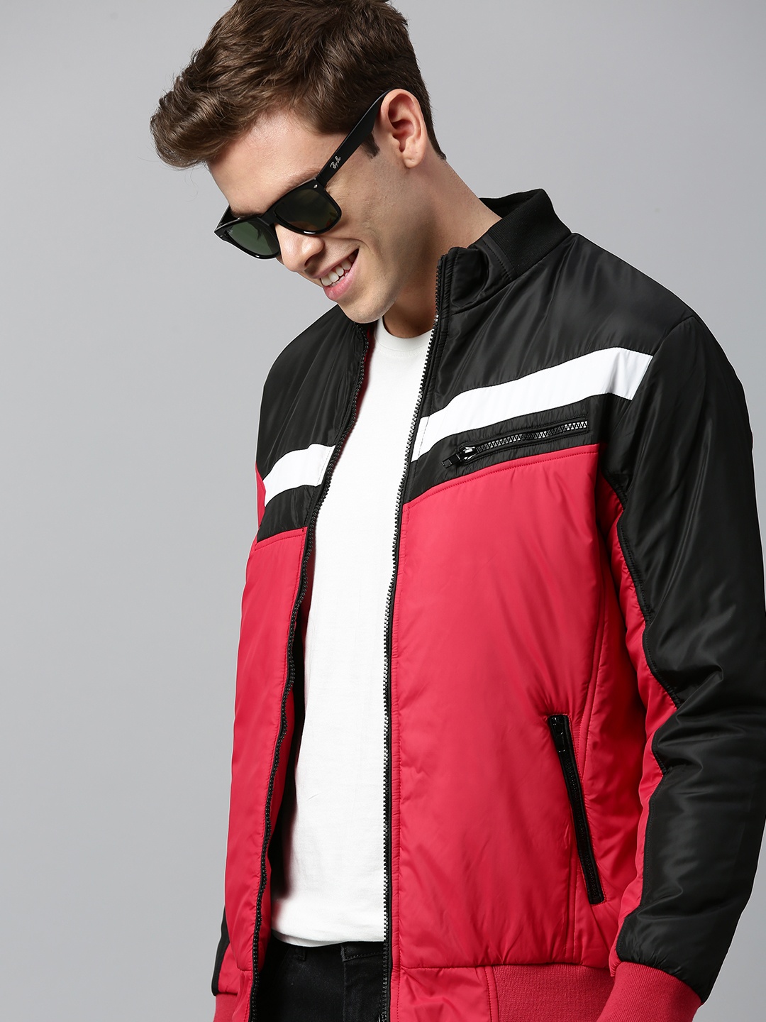 

HERE&NOW Men Red & Black Colourblocked Padded Jacket