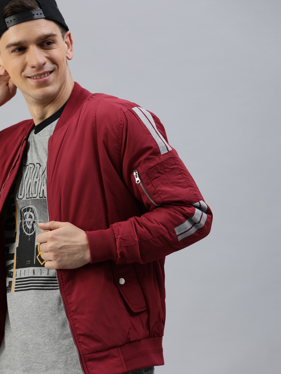 

HERE&NOW Men Maroon Solid Bomber Jacket with Striped Detail