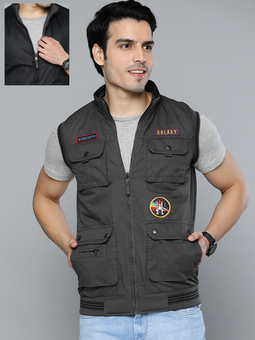 

HERE&NOW Men Charcoal Grey & Black Solid Reversible Bomber Jacket