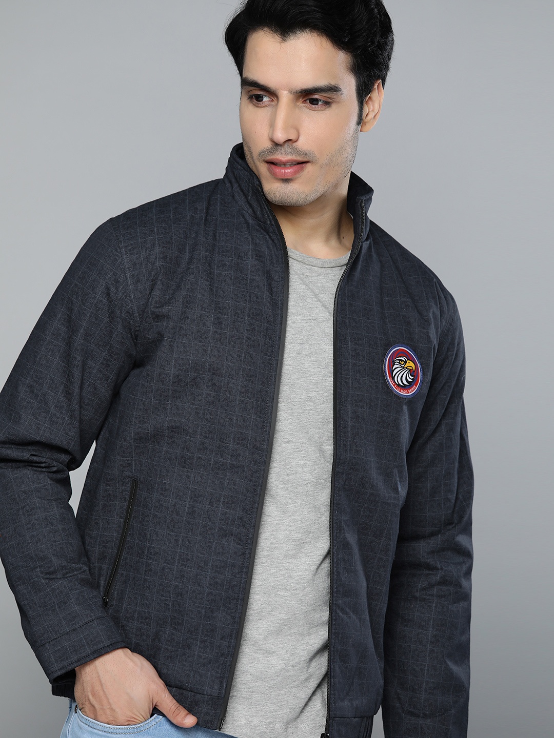 

HERE&NOW Men Navy Blue Checked Bomber Jacket