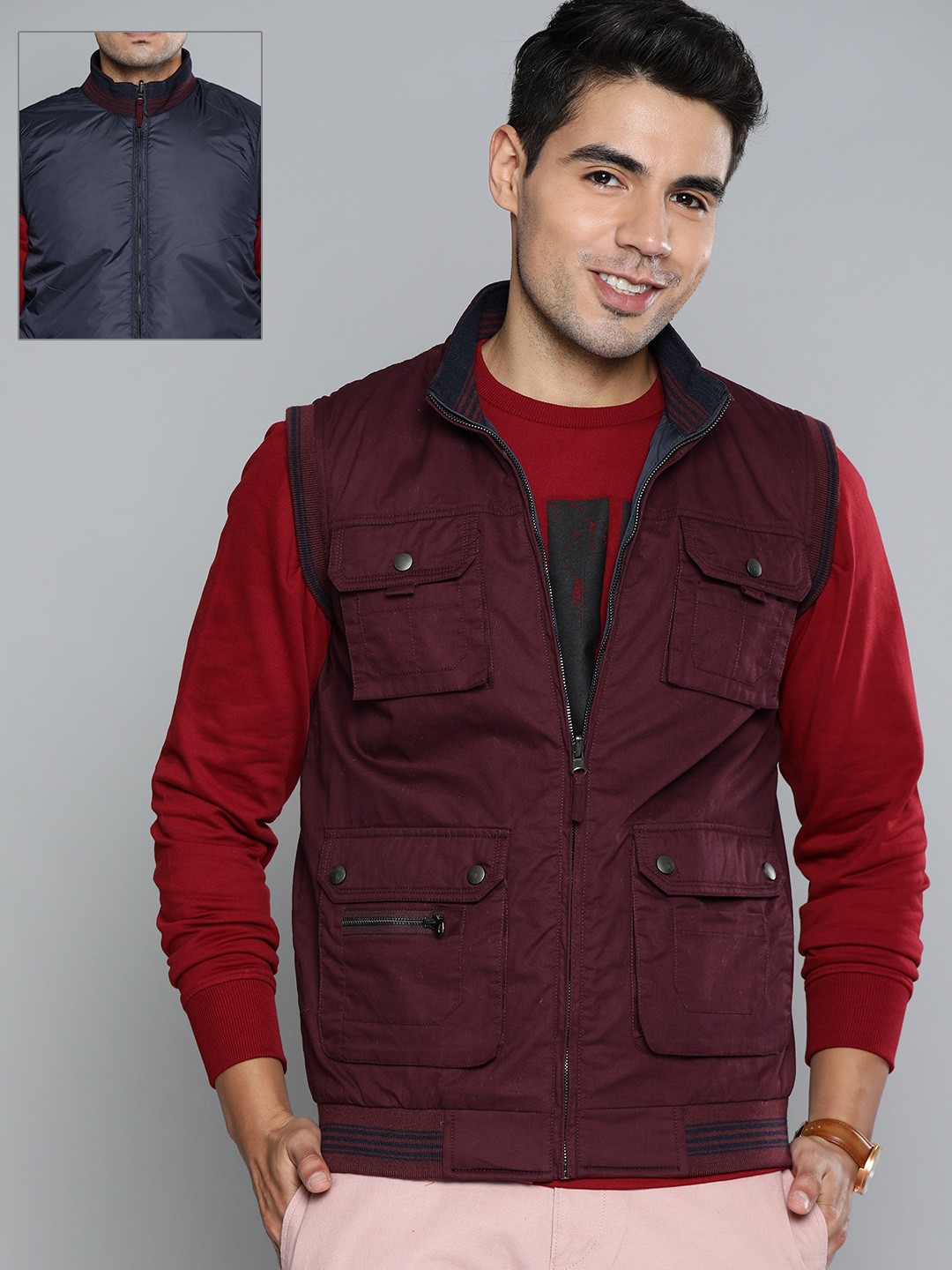 

HERE&NOW Men Maroon & Navy Blue Reversible Tailored Jacket