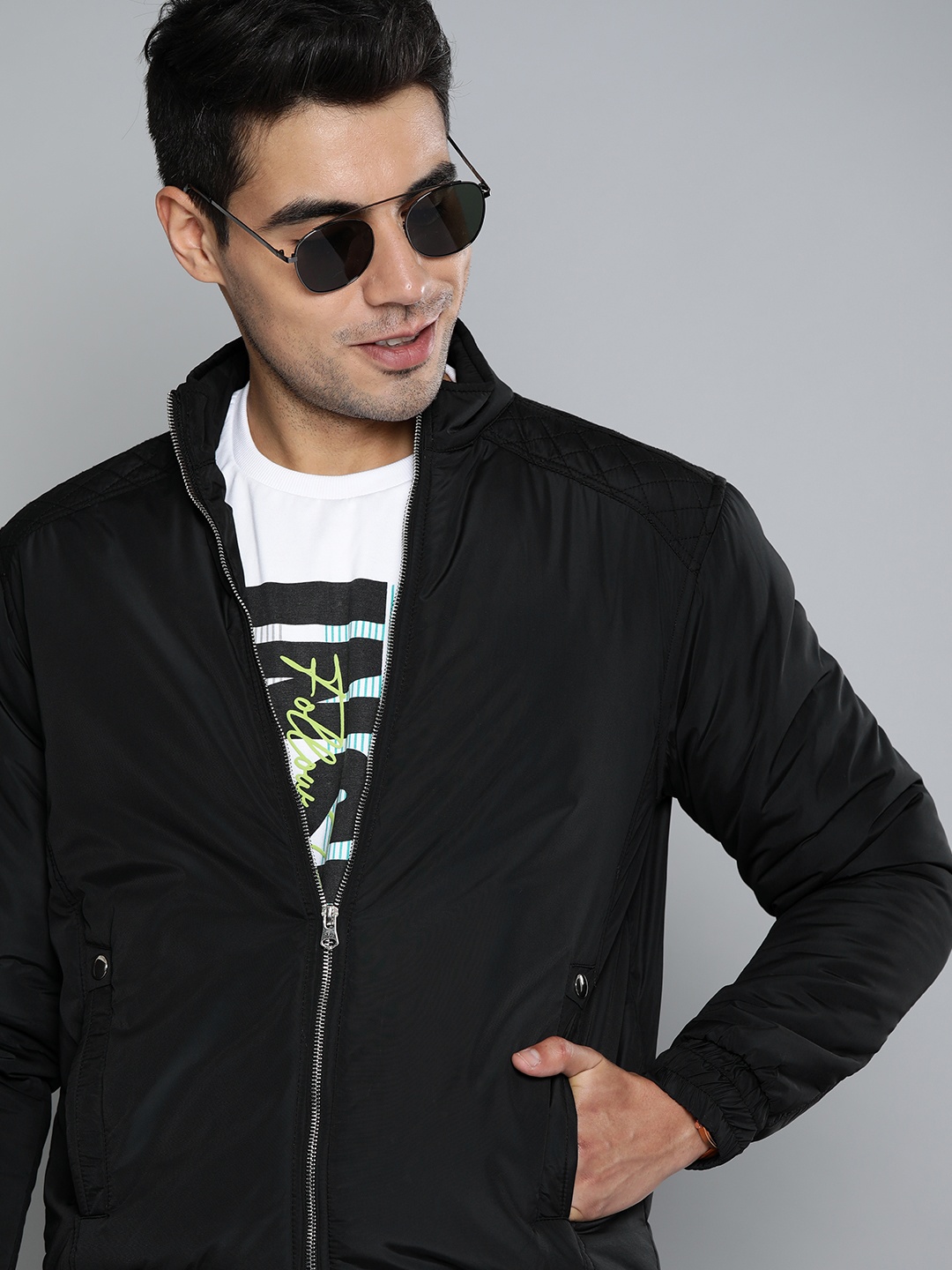 

HERE&NOW Men Black Solid Bomber Jacket