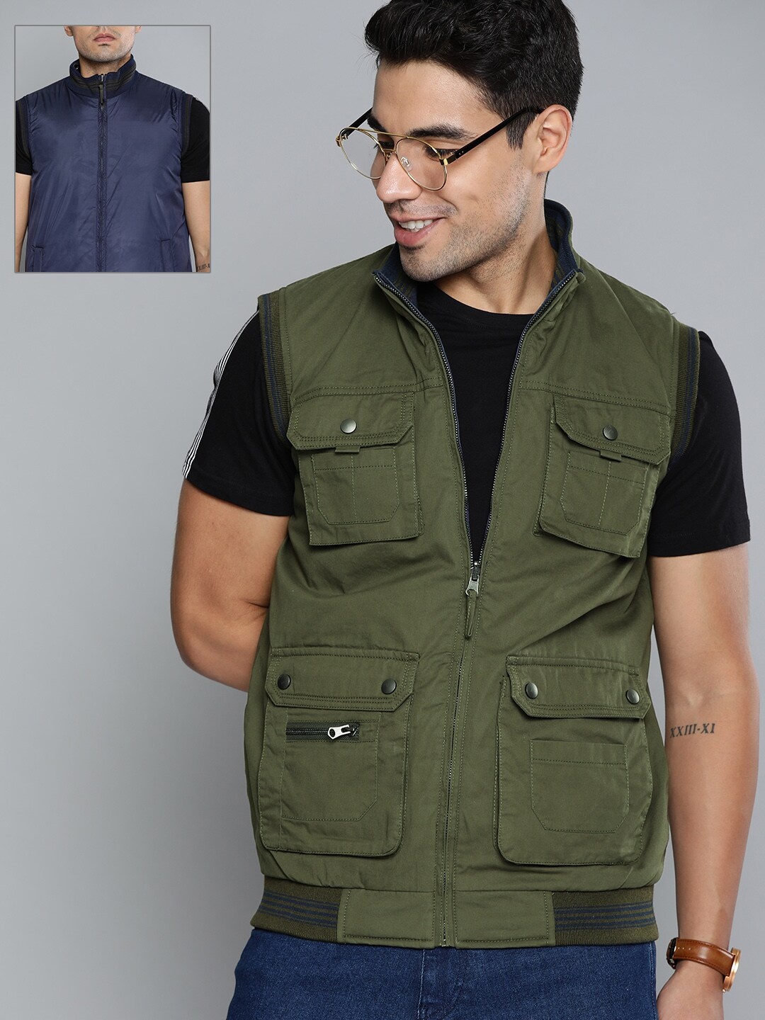 

HERE&NOW Men Olive Green & Navy Blue Reversible Tailored Jacket