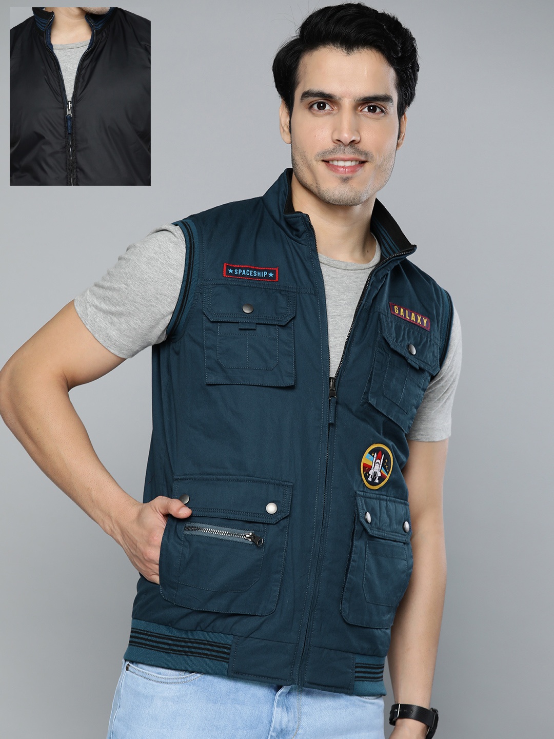 

HERE&NOW Men Navy Blue & Black Solid Reversible Bomber Jacket