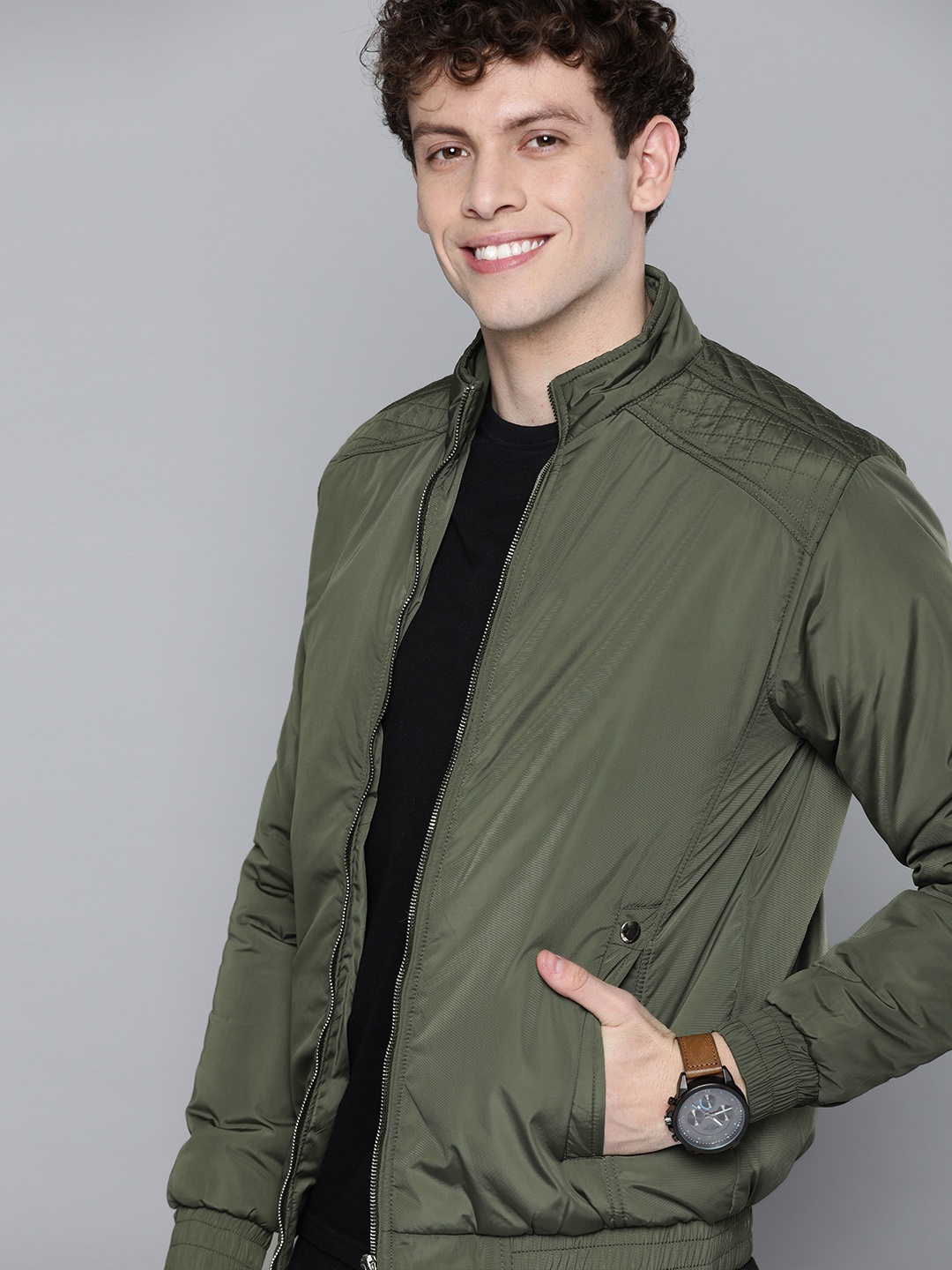 

HERE&NOW Men Olive Green Solid Bomber Jacket