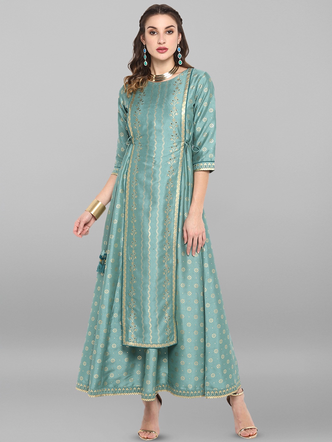

Janasya Silk Blend Foil Print Flared Ethnic Dress, Green
