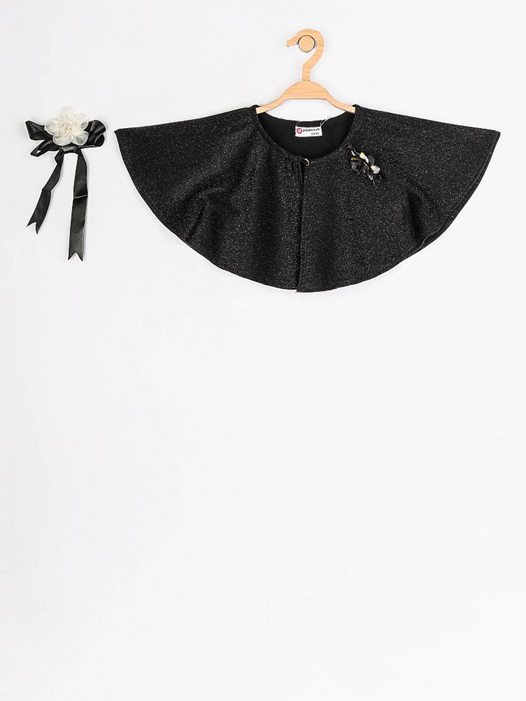 

Peppermint Girls Black Embellished Cape Top With Bow