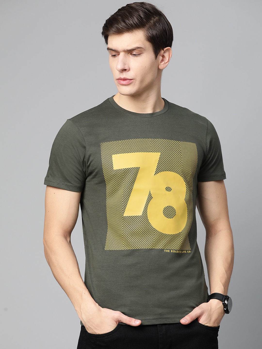 

Roadster Men Green & Mustard Yellow Printed Round Neck T-shirt