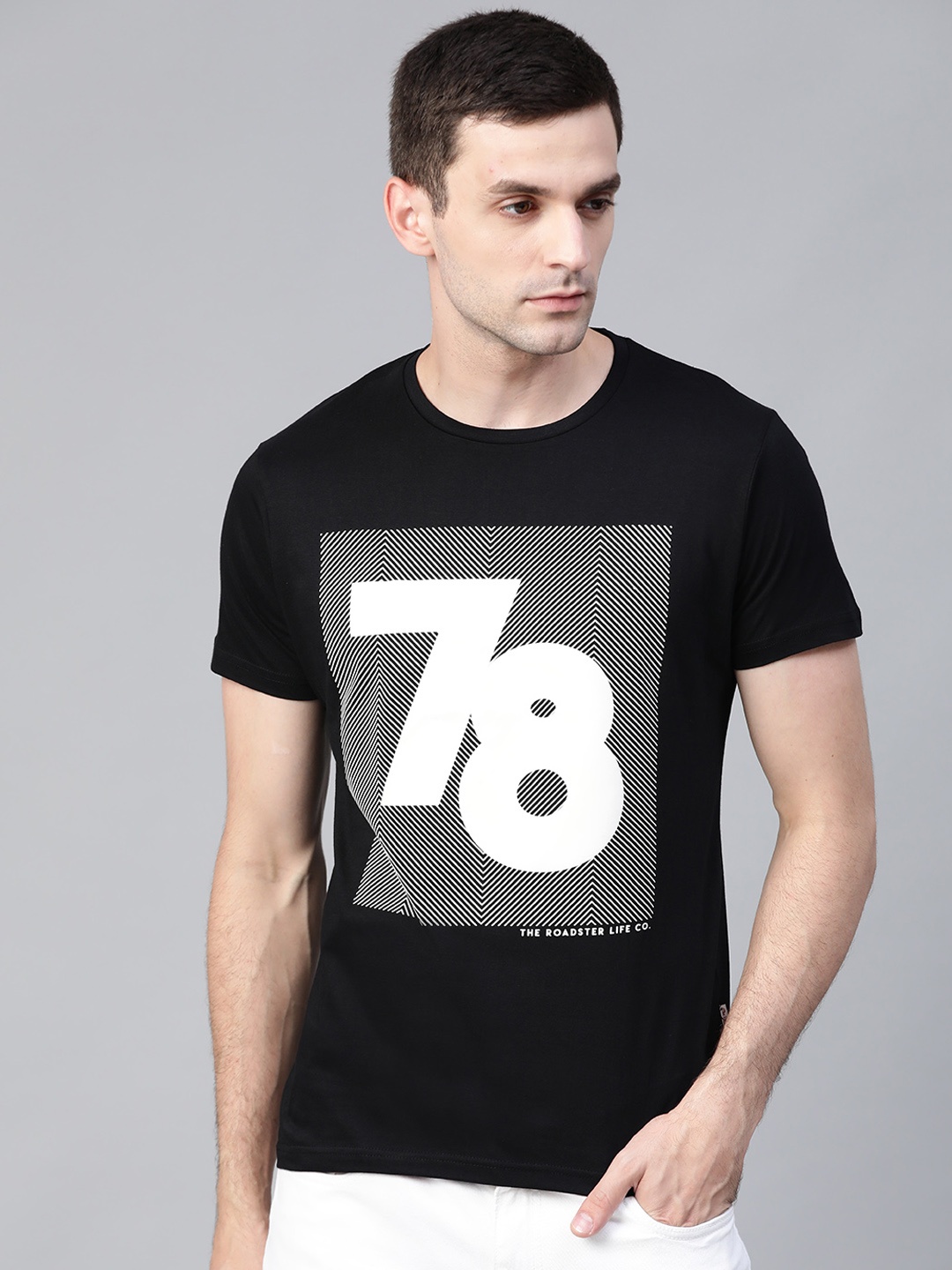 

Roadster Men Black White Printed Round Neck Pure Cotton T-shirt