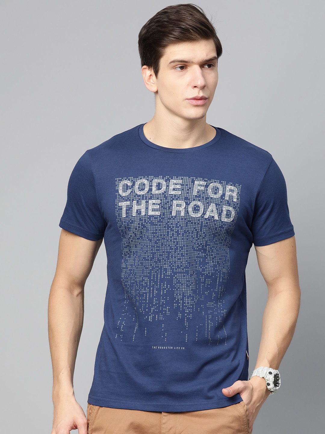 

Roadster Men Navy Blue & Grey Printed Round Neck T-shirt