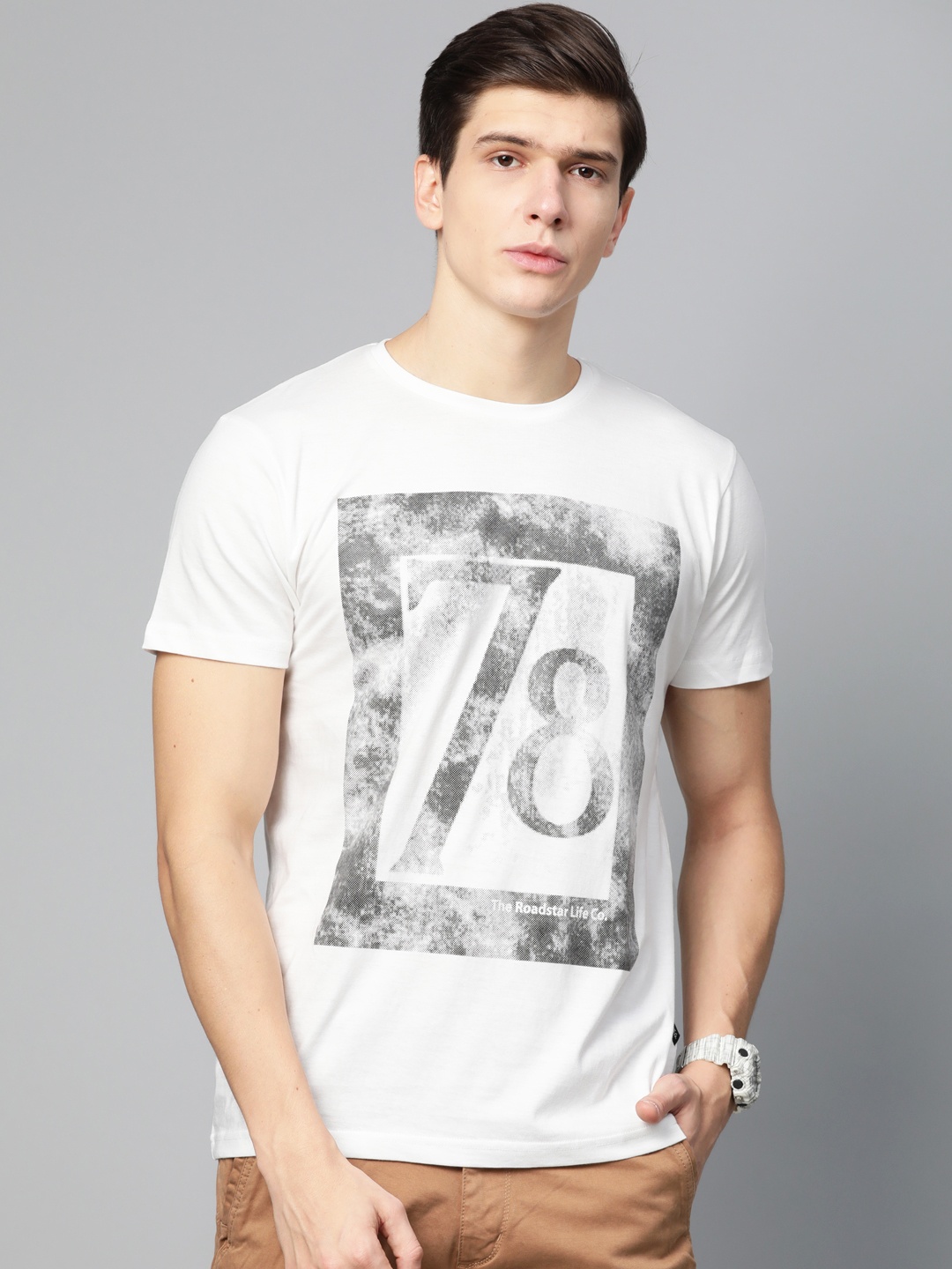 

Roadster Men Off-White & Black Printed Round Neck T-shirt