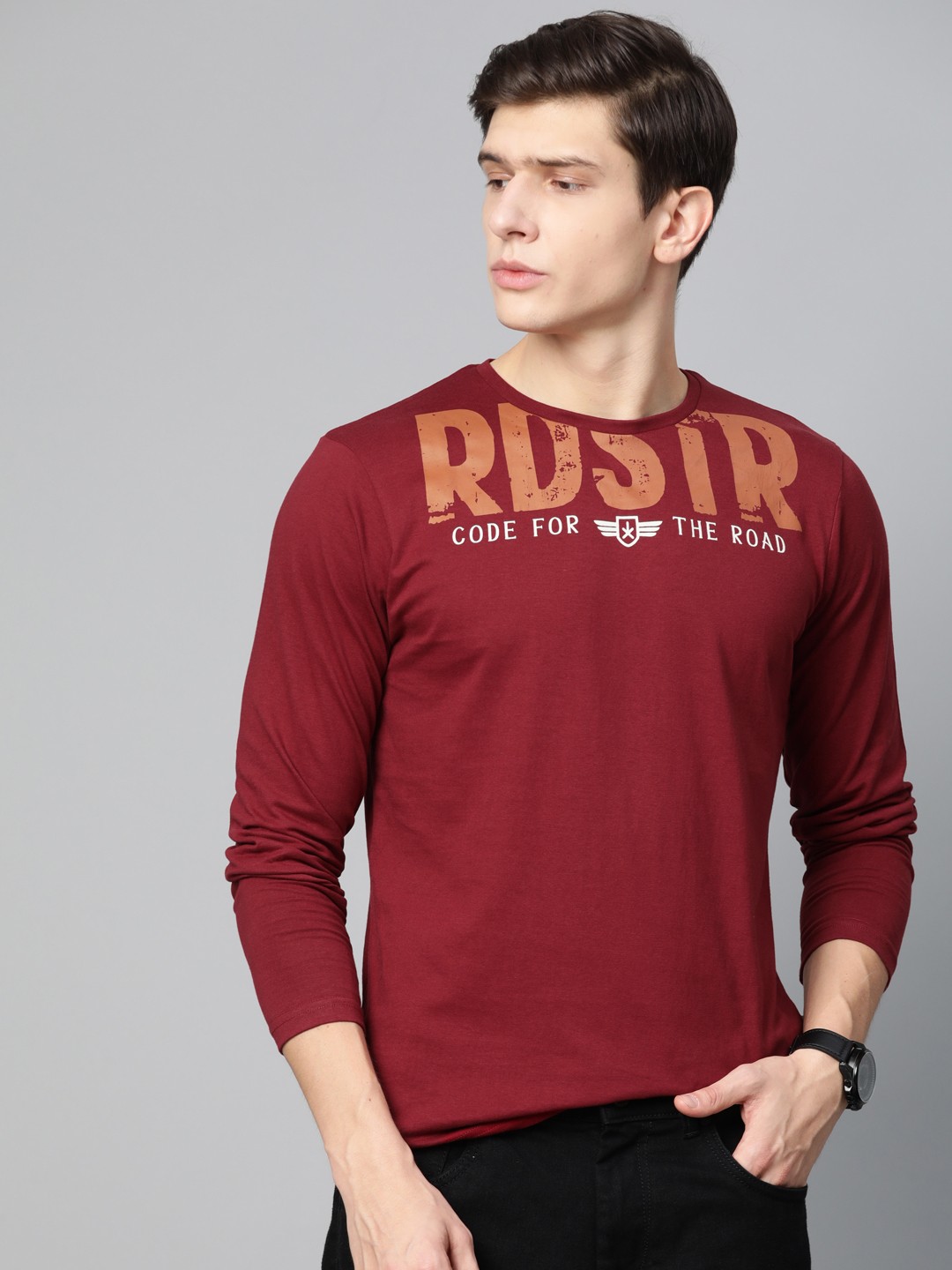 

Roadster Men Maroon Printed Round Neck T-shirt