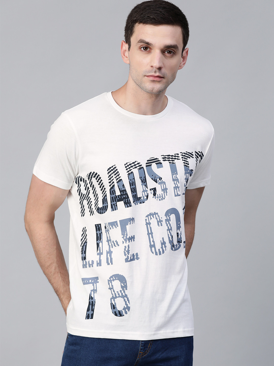 

Roadster Men Off-White Brand Logo Print Round Neck T-shirt
