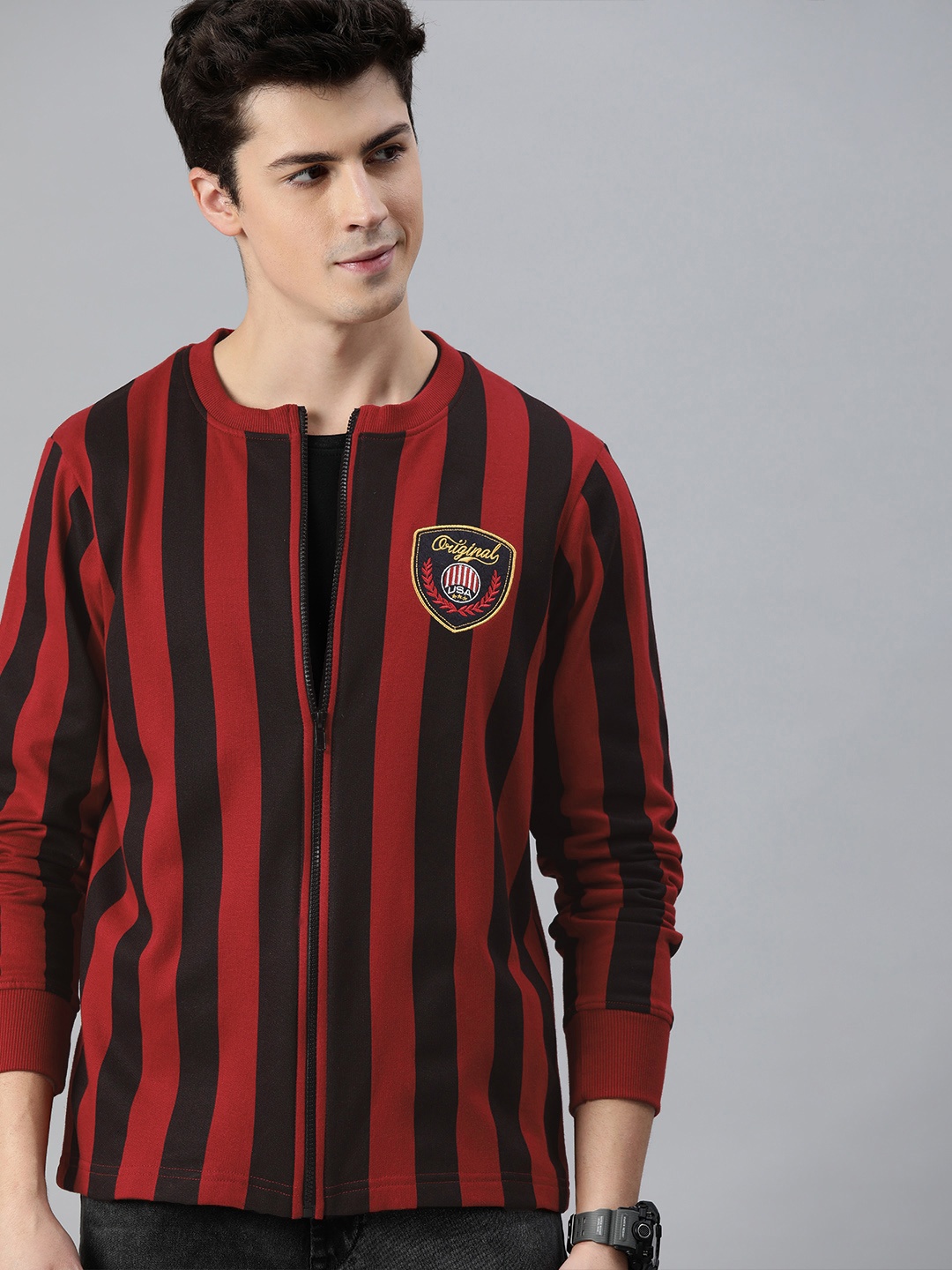 

HERE&NOW Men Red & Maroon Striped Front-Open Sweatshirt