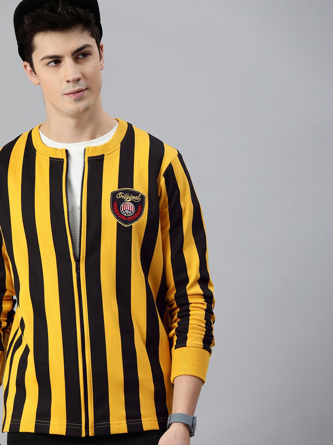 

HERE&NOW Men Yellow & Black Striped Front-Open Sweatshirt