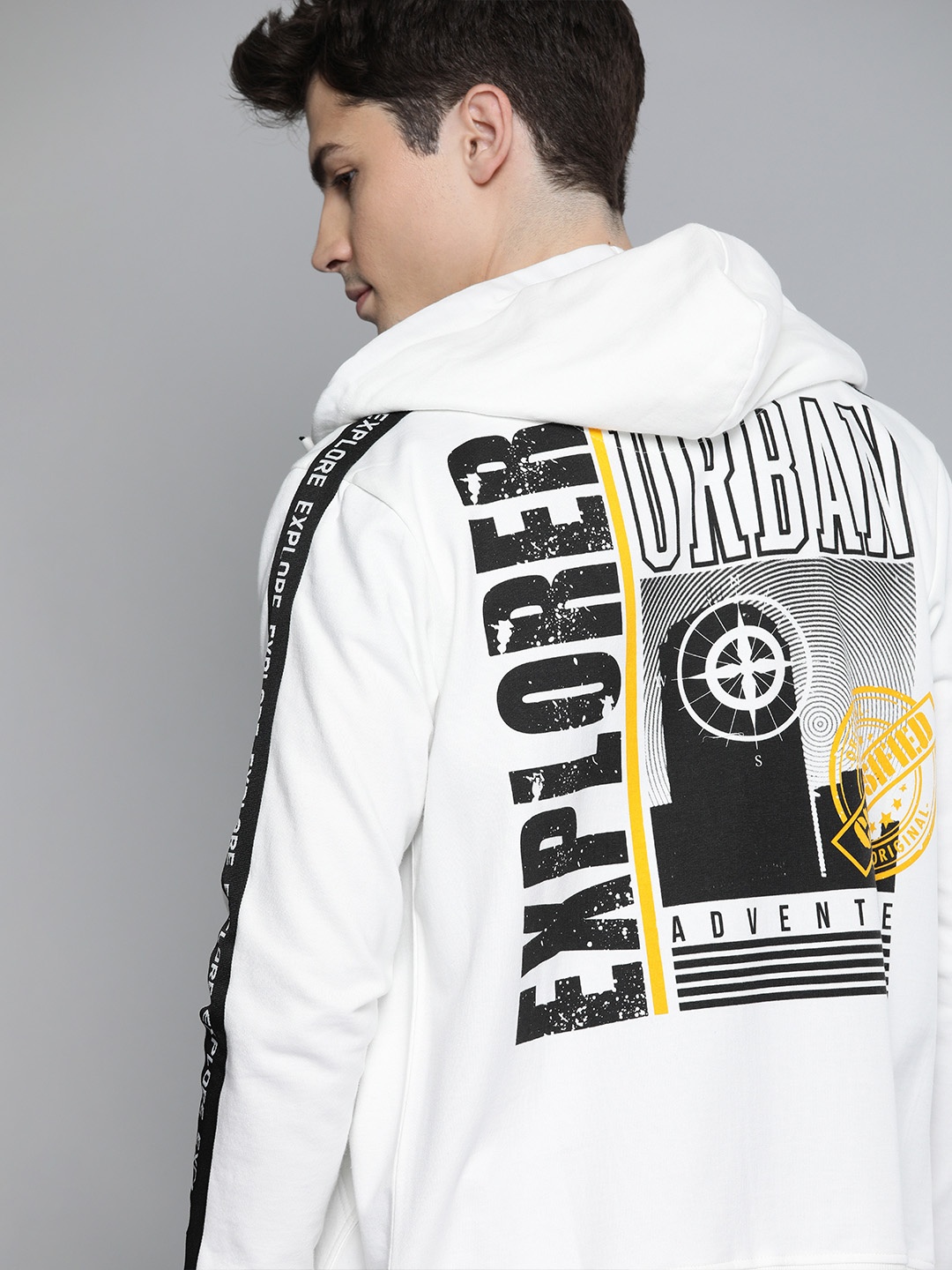 

HERE&NOW Men White Back Printed Hooded Sweatshirt with Side Taping