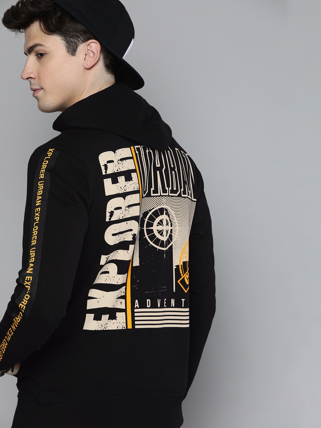 

HERE&NOW Men Black Back Printed Hooded Sweatshirt with Side Taping