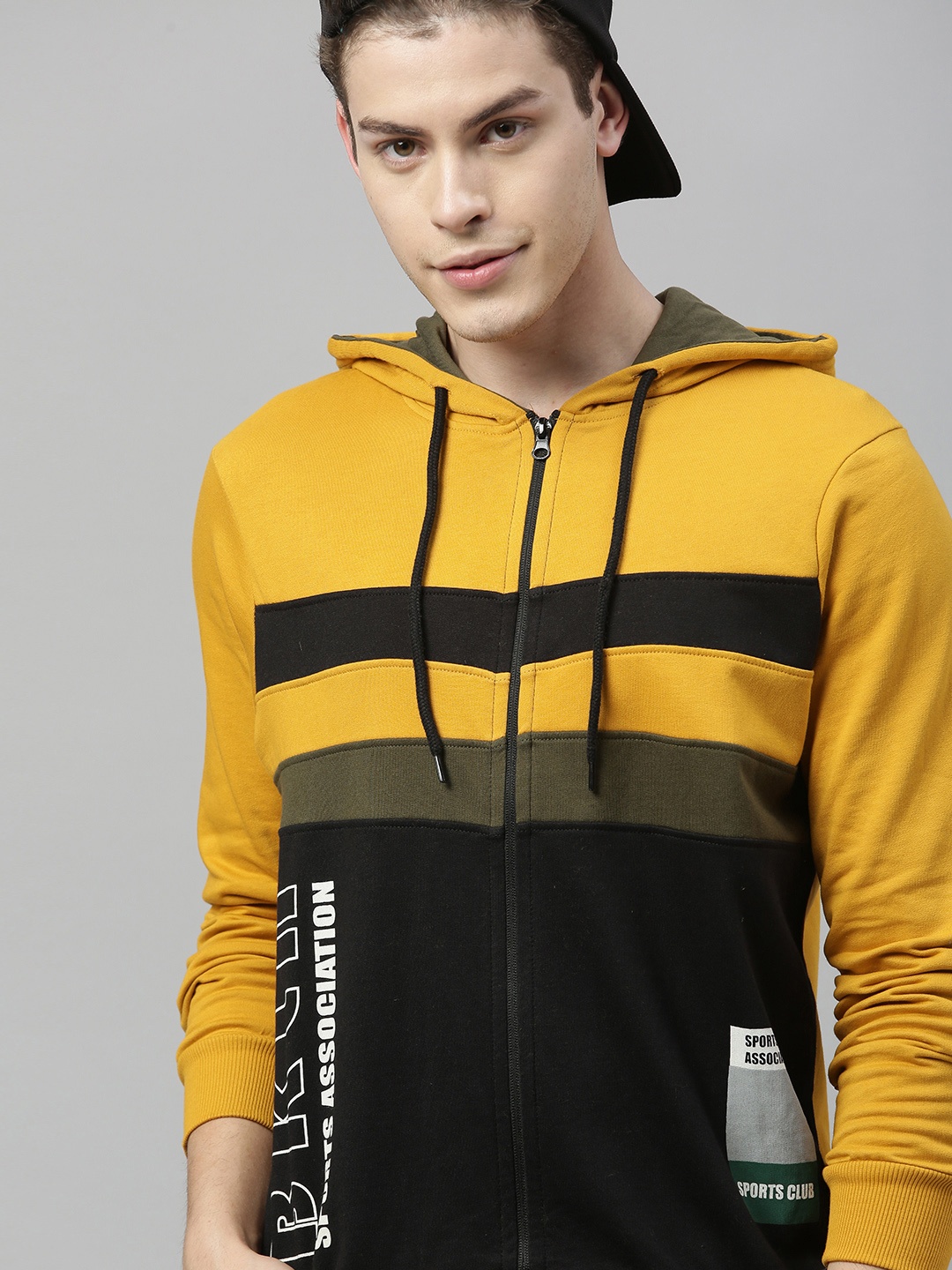 

HERE&NOW Men Yellow & Black Colourblocked Hooded Sweatshirt